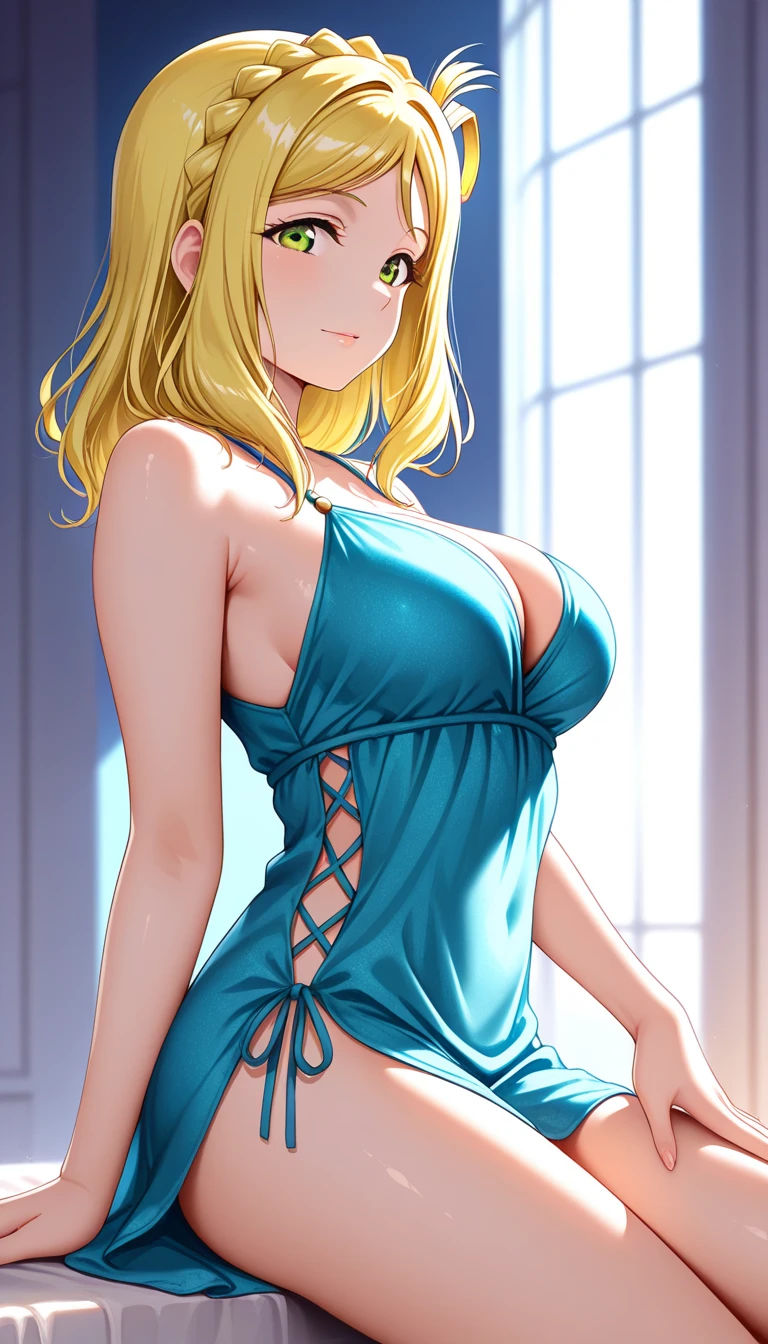 (16K), (2heads:1.5), 1girl, two headed woman, smiling, highres, masterpiece, ((blonde hair)), ((different hair color)), cleavage, ((golden yellow dress:1.5)), lustrous and smooth skin, (mature woman), (blue eyes), ((queen dress)), seductive silhouette, ((slim hips)), (one-sided strapless beige top), (beige skirt), blouse, looking sexy, beautiful, tight, tight dress, long hair
