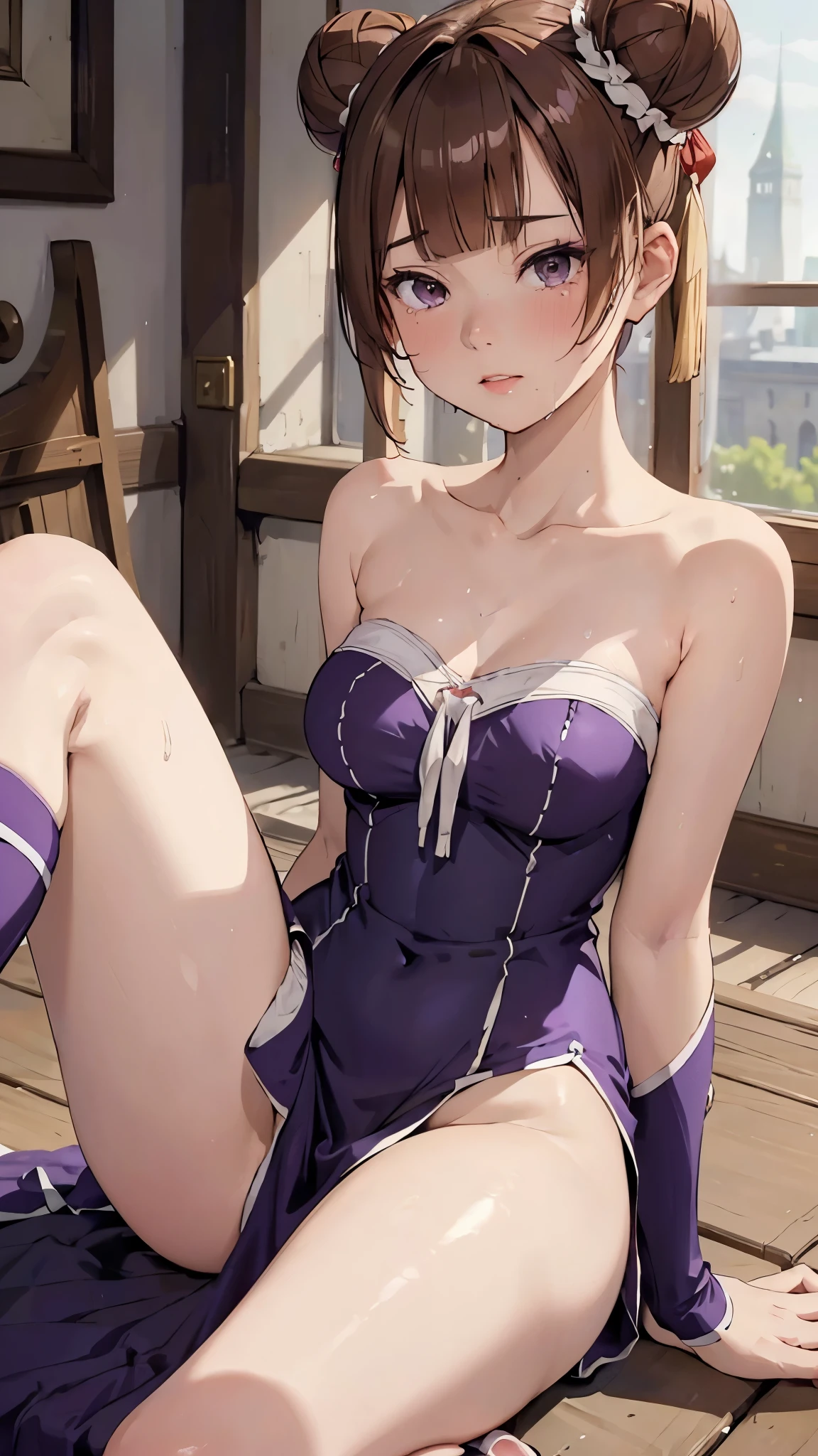 (masterpiece: 1.3), ( sitting with legs spread out: 1.2), ( Ultra HD TV : 1.2), Cinematic Lights 、 8k resolution, Detailed Facial Features,( Sharp focus to highlight face and chest: 1.2), beautiful face above the castle gate, human body, High Resolution Face and Skin Textures , beautiful eyes on my stomach, beautiful eyes on my stomach, thin eyebrows in boots,growing skin, ( glossy lips:1.4), small breasts、 slender style , delicate embroidered underwear , white panties, white bra, Exposed Cleavage、 soft breasted、Sweaty chest、 restless expression 、Express disgust、 embarrassed expression、anger、sorrow、tears、dissatisfaction、 expressionless、 dirty clothes、 sweated 、8、 light brown hair 、 beautiful and clean woman 、1 person, beautiful eyes on my stomach、 dark basement、restrict,( purple China dress :1.2)、 look away、 hides his crotch with his hands、sperm on thighs、runs、execution、 bun hair 、 Oblique cut bangs 、 From an angle、 small breasts 、 full body portrait、 beautiful feet、 big round 、round face、LAUFEN,SHORT HAIR,DOUBLE BUN,BLUNT BANGS,hair ornament,BROWN EYES,BARE SHOULDERS,HALTERNECK,RIBBON,DRESS,PURPLE DRESS,SLEEVELESS,ELBOW GLOVES,PURPLE GLOVES,FINGERLESS GLOVES,BOOTS,KNEE