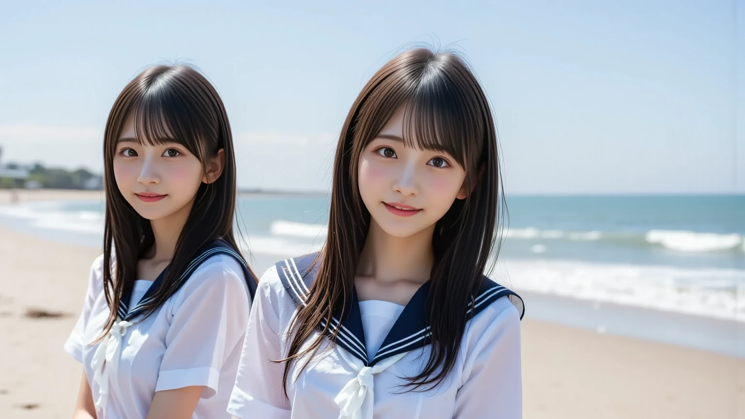 2 girls , 12 years old, Smile, blue eyes, table top, highest quality, be familiar with, upon, girly running,
, sailor suit, , Breasts out, on the way to school, (thin:1),
Japanese, small breasts, Vulgarity, The wind is blowing, sky blue seaside