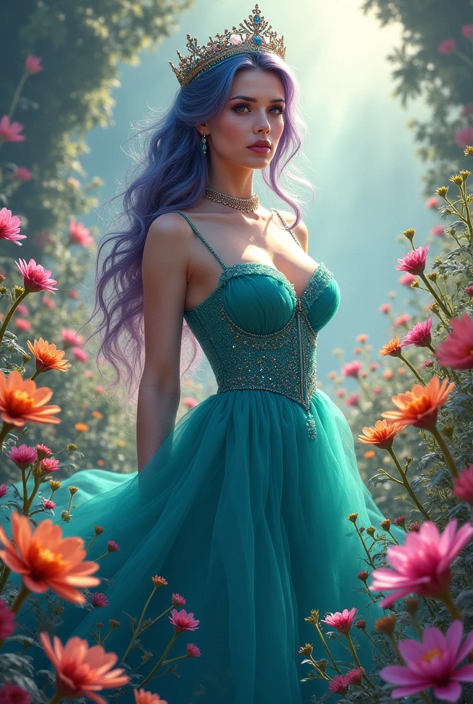 (Masterpiece.UHD.photorealistic.) ((full body)) an ultra hot gorgeous European woman. Age 23. Long blue-haired, beautiful detailed eyes,beautiful detailed full lips, epic cleavage. ((100 DD size)). Voluptuous hourglass body. Gorgeous round baby face.extremely detailed blue eyes and face,long eyelashes, sensual pose.intricate details, cinematic lighting, dramatic lighting, warm color tones, glowing skin, detailed deep blue sheer lace summer dress, serene expression, walking in a garden, detailed background, lush garden, blooming flowers, sunlight filtering through trees.