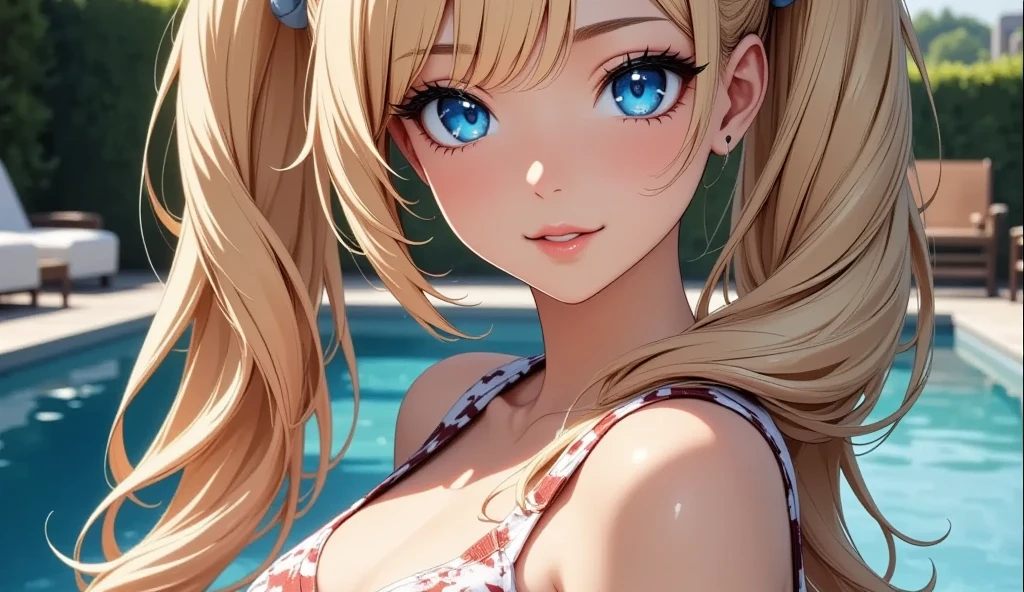 (masterpiece:1.2), (highest quality:1.2),, Curvy but slender body, perfect eyes, perfect face, perfect lighting, 1 girl, in the garden, (The whole body is visible),(walking),(knitted sweater),(cute gesture),(smile),(ponytail),curly hair, Fine clothes, Detailed outdoor background, compensate, eye shadow, thick eyelashes, fantasy, looking at the viewer, whole body,alice in wonderland、blue sky、Bright and very beautiful face、young shiny glossy white shiny skin、the best beauty、The most beautiful bright blonde hair in the world、thin hair、short hair、Shining beautiful bangs、Glowing crystal clear big blue eyes、Very beautiful lovely 17 year old most beautiful girl in the world、small breasts