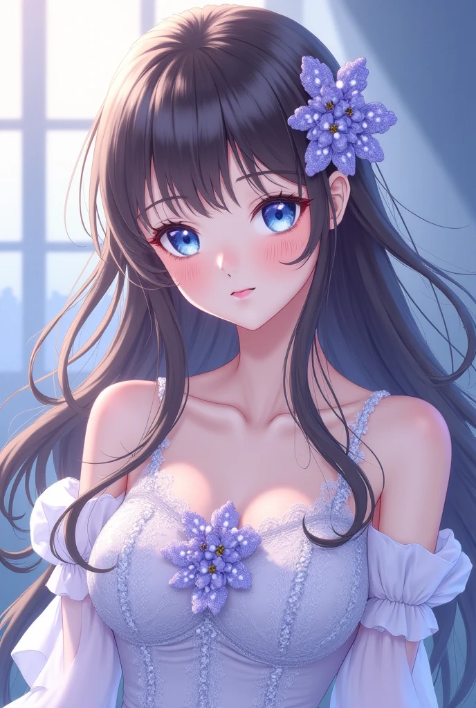 masterpiece, highest quality, Super detailed, figure, , , 1 girl,alone, image body, flower, looking at the viewer, , , purple eyes, eyes like jewels, very fine eyes, highly detailed face,, , star (null), star座, purple energy, handrail, 流star