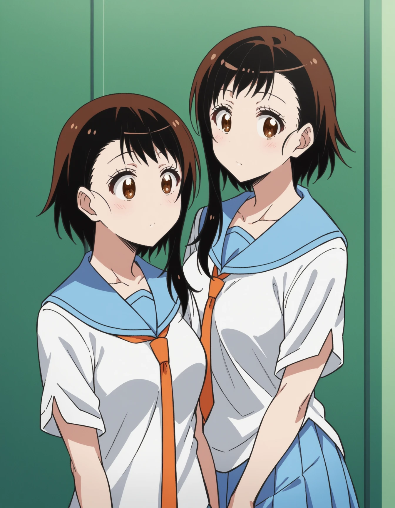 by 2 person, Two Girls, Onodera Kosaki, Avatar,Cyberspace, Nipples, Sailor suit,smile, View your viewers, sketch, got it,Pleated skirt, 2D, Anime Coloring,, Jagged lines,Nipples,