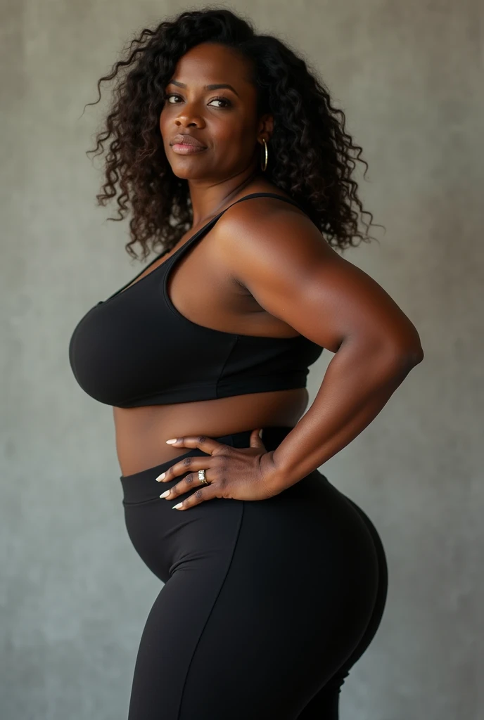 there is a woman with a tattoo on her arm and a black top, 50-year-old woman from cuba,  looks like Drew Barrymore, she is wearing a black tank top, malika favre, photo of a black woman, a portrait of a plump woman, tight black tanktop, full face and body portrait, bulky figure, half body portrait of juliana and A man with a beard on face hold this womans chest  
