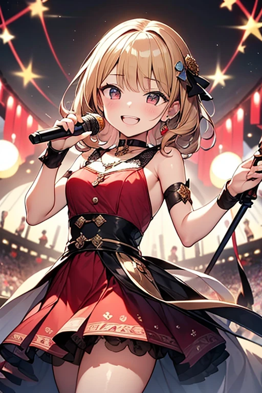 ((masterpiece)), (((best quality))), ((ultra-detailed)), (wallpaper), 8k, HD, absurdres, highres, highly detailed background, on stage, large LED screen on background, (hand of Guido Daniele:1.3), CG, yoimiya \(genshin impact\), 1girl, solo, blonde hair, bangs, hair ornament, asymmetrical hair, kanzashi, sidelocks, (amazing beautiful eyes), (amazing detailed eyes), orange eyes, open mouth, smiling, red choker, butterfly choker, single bare shoulder, chest sarashi, budget sarashi, medium breasts, chest tattoo, flower tattoo, tattoo on arm, bandaged arm, wristband, beautiful hands, (detailed nails), nails polish, orange nails, right hand up, left hand on hip, short kimono, ((idol dress, corset, short layered skirt, (red and black skirt, gold brim), kinchaku):1.2), performance shorts, bandaged leg, boots, standing, full body, looking at viewer, spot lights, stage fireworks,  stage pyrotechnics,