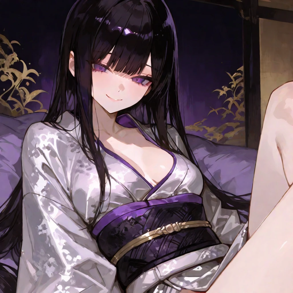 NSFW、Man and woman having sex、Woman lying in bed、A man's penis is inserted、Semen is spilling from her crotch、The kimono is open and her chest is visible、Long Hair、Blushing、Sweating