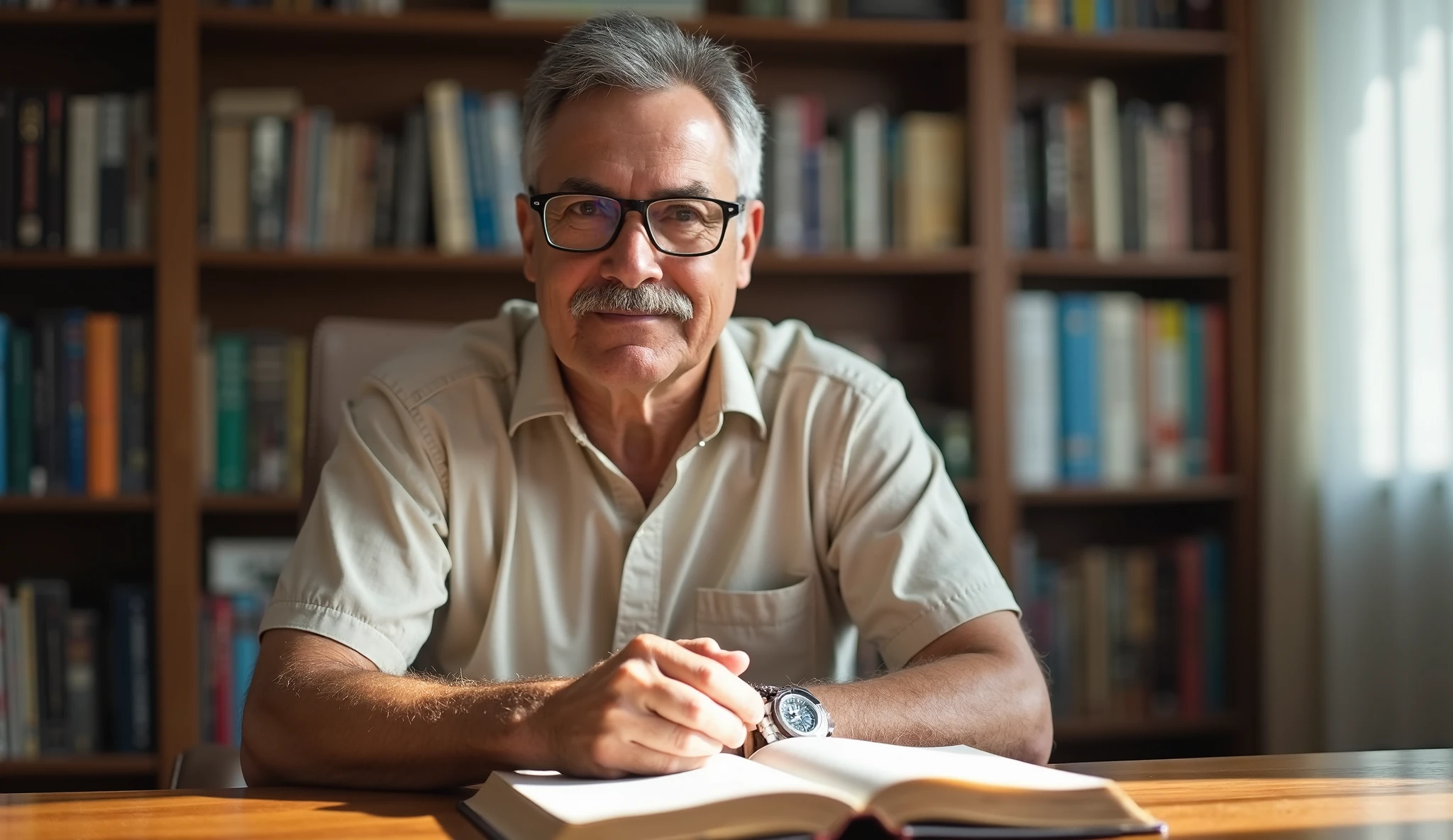 Create a bust portrait scene of a middle-aged man with glasses, vestindo um terno elegante. He holds a hardcover book with one hand while the other rests casually on the book's cover. His face reflects an expression of curiosity and readiness to share the knowledge contained in the book