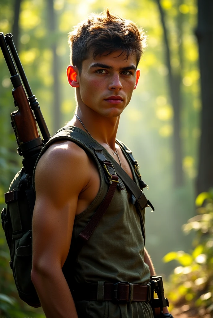 handsome young man, beautiful face, white skin, soft, thin, short hair, shirtless, in a jungle gathering firewood, carrying an ax on his shoulder, in his hand, in the middle of the jungle behind him a house
