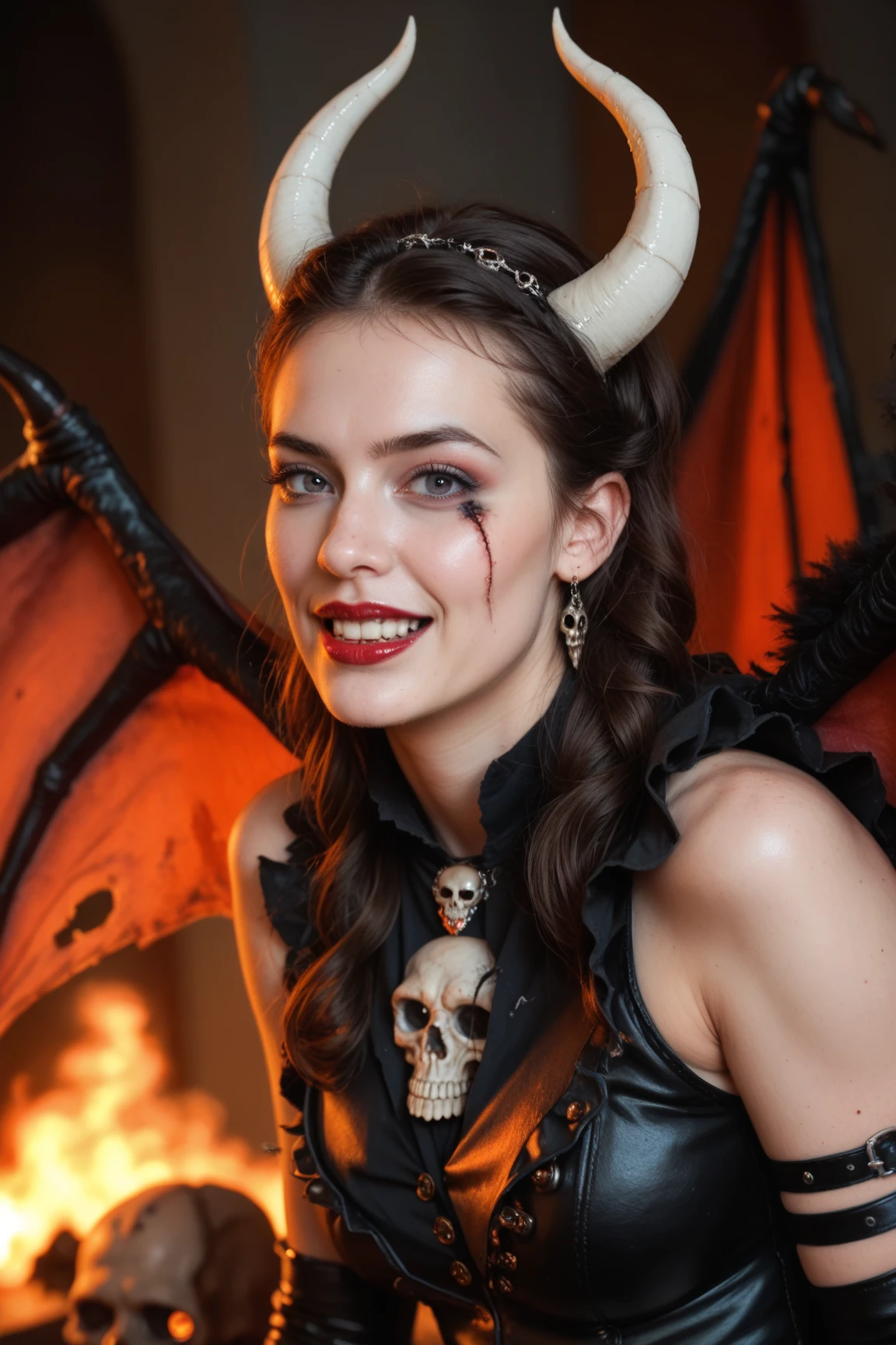 score_9, score_8_superior, score_7_superior,Mechanical demon woman、Wolf-like Fangs、Bull-like horns、Large bat-like wings、Devil's Tail、Red glowing eyes、Black thin dress、Elaborate and detailed faces、Ideal body type、Big Breasts、Tight waist、Long detailed mechanical limbs、Detailed mechanical body、Detailed gears、On a moonlit night、Castles with Gothic architecture、mecha、DonMSt34mPXL、Cowboy Shot、