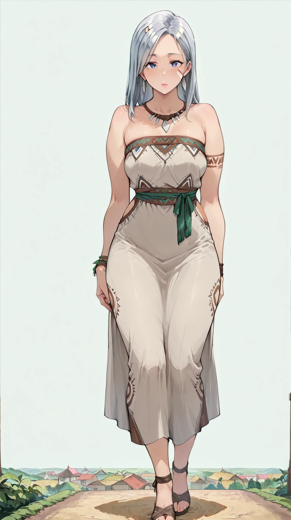 (((masterpiece))), ((best quality)), ((highres, absurdres)), (detailed), anime, 1girl, solo, full body, voluptuous, detailed face, impressive silver hair, knee-length strapless gray tribal dress, adorned with tribal patterns and vines, accentuating curves, (simple background, village setting), lips, confident expression, looking at the viewer, ()