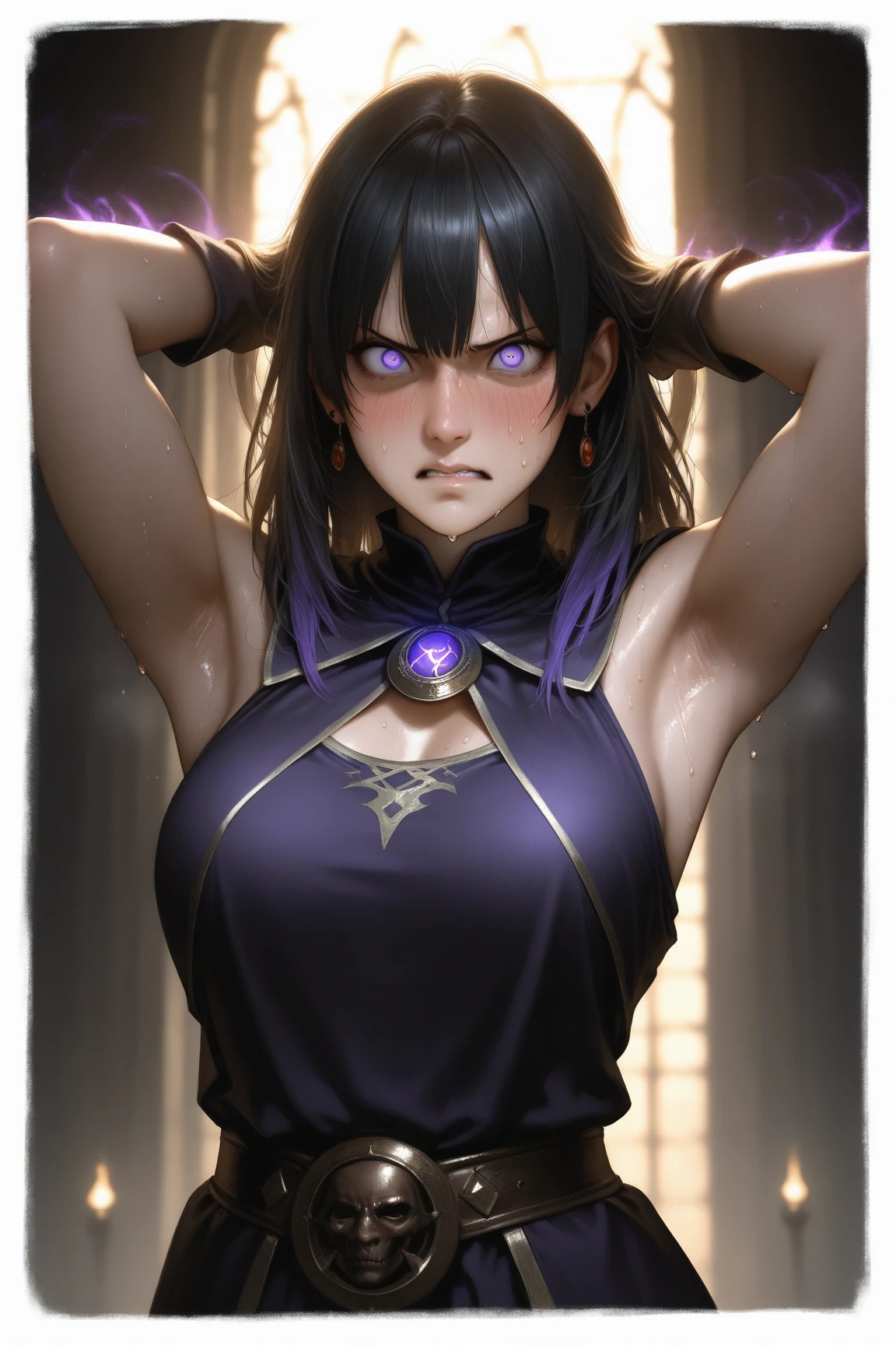 score_9, score_8_up, score_7_up, score_6_up, score_5_up, score_4_up, uncensored, shinra, yellow eyes, long hair, black hair, glasses, semi-rimless eyewear, under-rim eyewear, parted bangs, BREAK Anime Style, Manga Style, Hand drawn, cinematic, Sharp focus, humorous illustration, big depth of field, Masterpiece, concept art, trending on artstation, Vivid colors, Simplified style, trending on ArtStation, trending on CGSociety, Intricate, Vibrant colors, Soft Shading, Simplistic Features, Sharp Angles, Playful BREAK, 1girl, breasts, solo, sideboob, large breasts, looking at viewer, elbow gloves, gloves, claws, pants, bare shoulders, belt, veins, sleeveless, in abandoned ruins, electricity, glow effect, magic-realism, sweating, sweating profusely, excessive sweating, sweating drop, gasping, heavy breathing, thight, half-closed eyes, thigh, thick, plump, looking at viewer, hollow eyes,