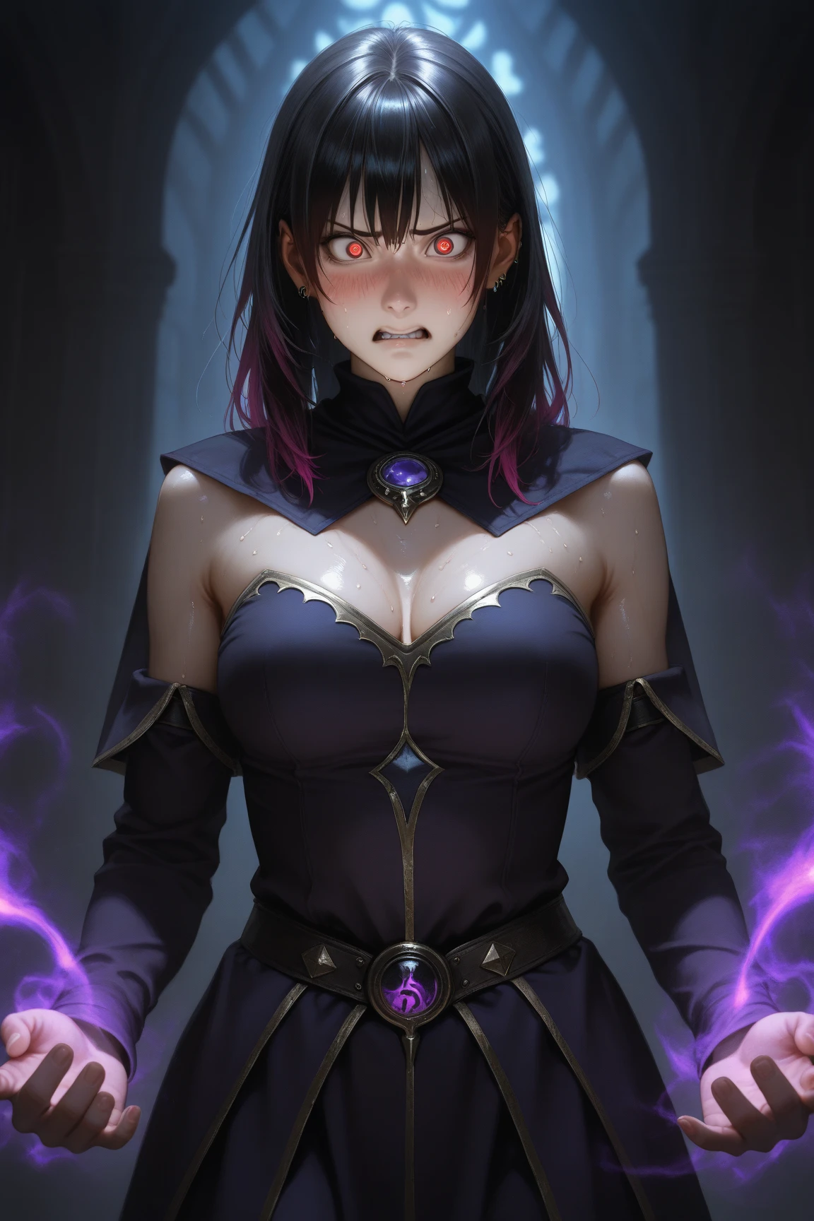 vampire queen, perfect body shape, small breast, battle skirt, (royal cape:1.1), black and purple color, sexy and devil aura, original character, masterpieces, seducing purple pupil, (multi color high pony tail 1:1.2), walking under blood moon, purple gem accessories, golden belt, golden necklace, windy and evil effect, soft moon light focus, corruption, extremely delicate and beautiful eyes, messy bang, unique crown, fang, corruption tattoo, pale, embrassing face, 16k, skull, gorgeous, wet body detailed