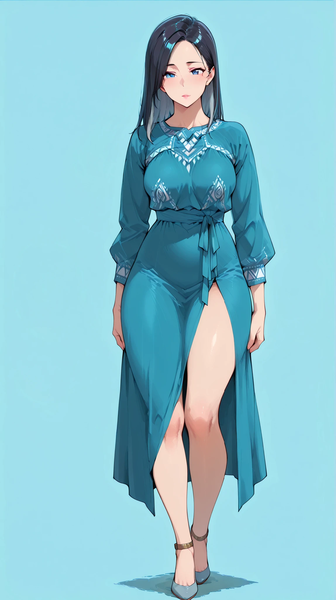 (((masterpiece))), ((best quality)), ((highres, absurdres)), (detailed), anime, 1girl, solo, full body, voluptuous, detailed face, long black hair with silver and blue highlights, long-sleeved tribal dress with high slits, adorned with tribal patterns, accentuating thighs, (simple background, tribal village setting), lips, confident expression, looking at the viewer, ()