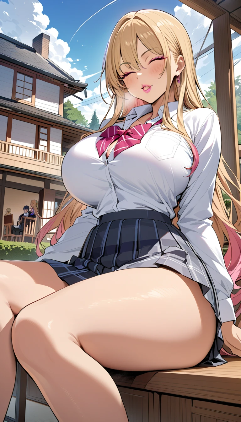 masterpiece, Highest quality, High resolution, Kidaka Marine SB, The centre of gravity is at the rear, 1 Girl, Blonde, Long Hair, Colorful Hair, Red eyes, jewelry, Earrings, Earrings, , White shirt, Tied Shirt, Black Choker, Blue tie, Checked skirt, Spread your legs, ((ライトブルーのLace panties))Lace panties,(Showing panties:1.3), (Panty shot:1.3), ((The shirt is open at the chest)), ((I can see your bra)), ((Spread your legs)), Outdoor