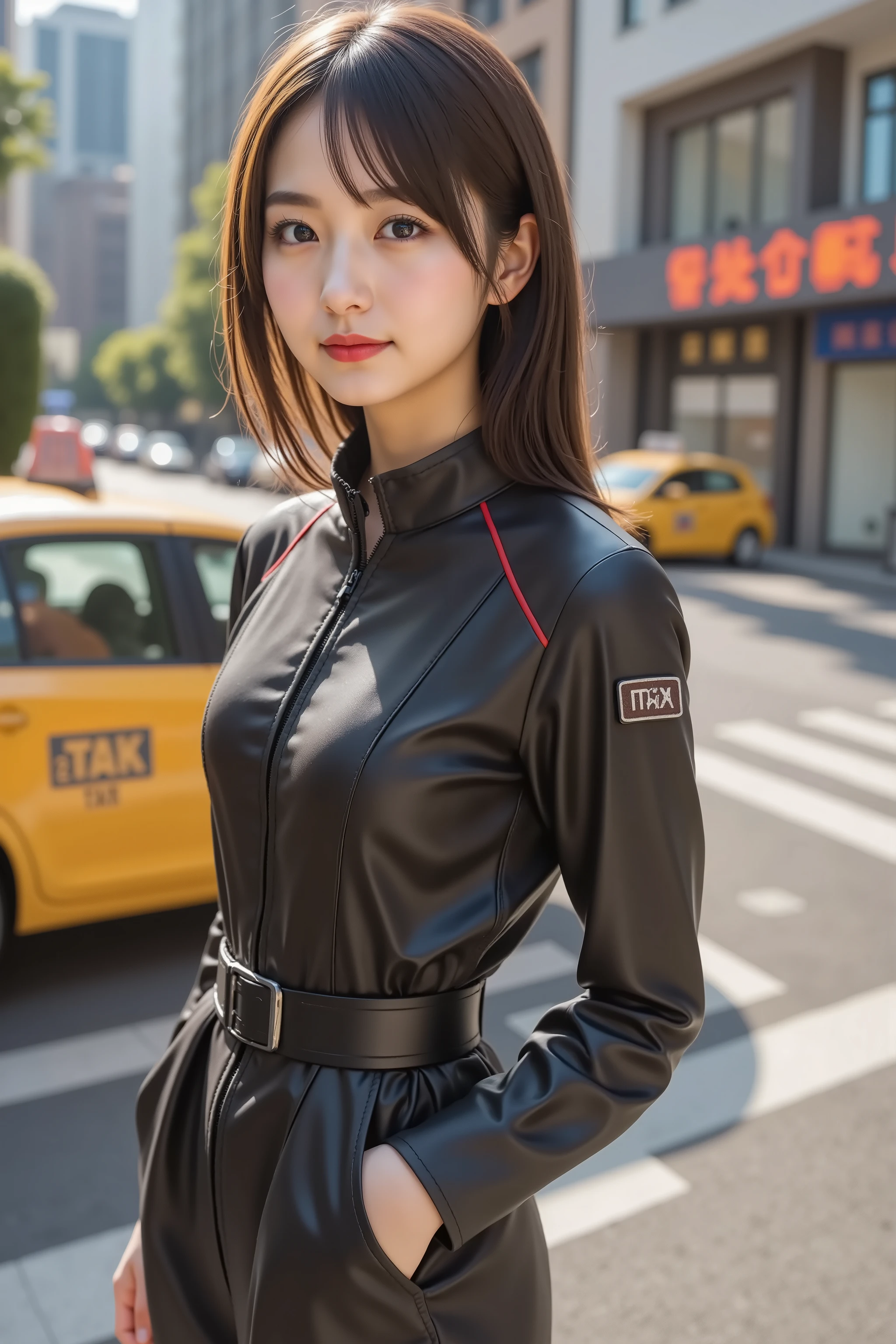 firm breast, cleavage, by adjusting the framing so the subject's full head is visible within the composition, a highly detailed and realistic digital illustration of a female character in a stylized military-inspired fantasy outfit, realistic high-resolution photograph of a woman standing on a sunny urban street, captured just below the shoulders, positioned entirely within frame to avoid head cropping. she is wearing a sleek, fitted black zip-up jacket made of slightly glossy synthetic material that reflects sunlight subtly across the chest, arms, and shoulders. the jacket includes thin red piping along the seams and shoulder lines, adding contrast to the dark base. a small rectangular patch with block lettering is on the left chest, while a minimal emblem appears on the right. the collar stands structured, with the zipper slightly undone for a relaxed appearance. the stitching follows natural lines of the upper body, giving a tailored, aerodynamic silhouette. the fabric shows mild tension along the sleeves and chest due to its snug fit, with realistic folds around the elbows and underarms. a black utility-style belt and crossbody pouch, fixed with a metal ring, complete the outfit and rest against her hip. the background displays a wide city street with modern buildings, multilingual signage, and a few pedestrians. yellow taxis and cars are visible, and mid-morning sunlight casts soft directional shadows. lighting creates realistic reflections on the jacket’s surface and defines the smoothness of the fabric under direct sunlight. the pavement texture, road markings, building signage, and other background details must be clearly visible. shadows from her arm, shoulder, and belt should fall naturally on her body and the ground. ensure her head is fully visible and that depth of field maintains sharpness on the subject while allowing mild background blur. focus on photorealistic materials, natural posture, accurate outfit creasing, and clean integration into the well