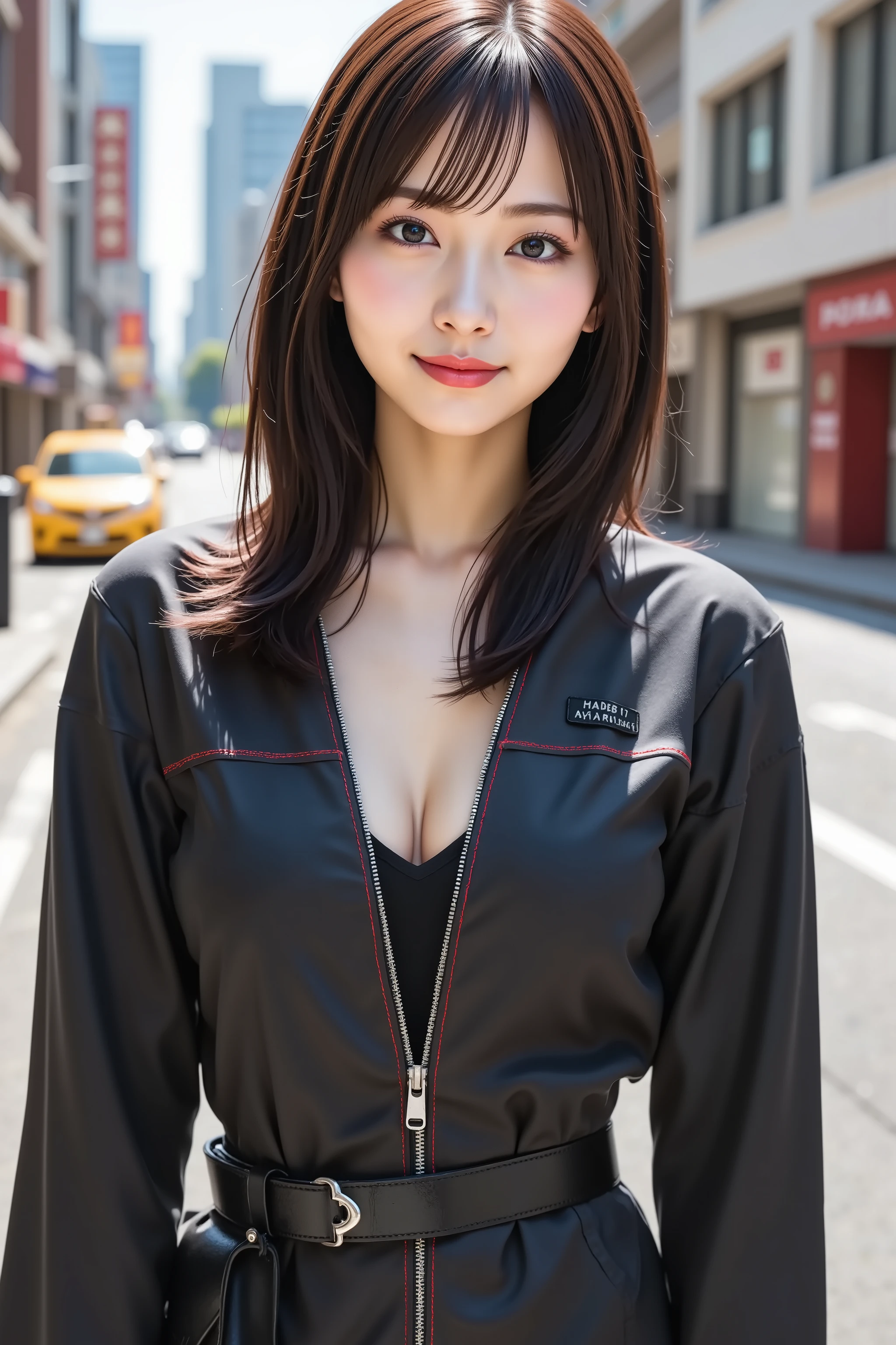 firm breast, cleavage, by adjusting the framing so the subject's full head is visible within the composition, a highly detailed and realistic digital illustration of a female character in a stylized military-inspired fantasy outfit, realistic high-resolution photograph of a woman standing on a sunny urban street, captured just below the shoulders, positioned entirely within frame to avoid head cropping. she is wearing a sleek, fitted black zip-up jacket made of slightly glossy synthetic material that reflects sunlight subtly across the chest, arms, and shoulders. the jacket includes thin red piping along the seams and shoulder lines, adding contrast to the dark base. a small rectangular patch with block lettering is on the left chest, while a minimal emblem appears on the right. the collar stands structured, with the zipper slightly undone for a relaxed appearance. the stitching follows natural lines of the upper body, giving a tailored, aerodynamic silhouette. the fabric shows mild tension along the sleeves and chest due to its snug fit, with realistic folds around the elbows and underarms. a black utility-style belt and crossbody pouch, fixed with a metal ring, complete the outfit and rest against her hip. the background displays a wide city street with modern buildings, multilingual signage, and a few pedestrians. yellow taxis and cars are visible, and mid-morning sunlight casts soft directional shadows. lighting creates realistic reflections on the jacket’s surface and defines the smoothness of the fabric under direct sunlight. the pavement texture, road markings, building signage, and other background details must be clearly visible. shadows from her arm, shoulder, and belt should fall naturally on her body and the ground. ensure her head is fully visible and that depth of field maintains sharpness on the subject while allowing mild background blur. focus on photorealistic materials, natural posture, accurate outfit creasing, and clean integration into the well