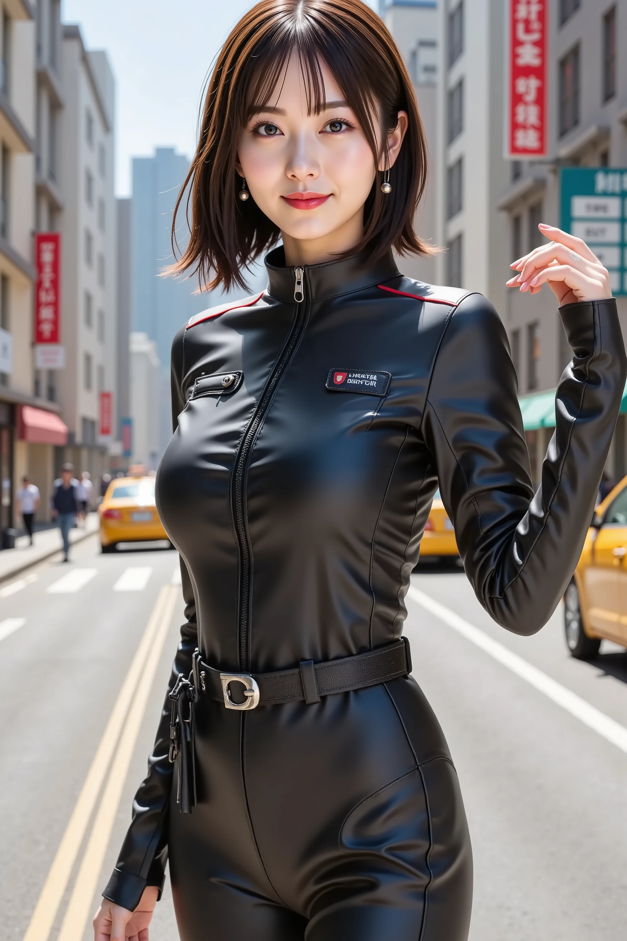 firm breast, cleavage, by adjusting the framing so the subject's full head is visible within the composition, a highly detailed and realistic digital illustration of a female character in a stylized military-inspired fantasy outfit, realistic high-resolution photograph of a woman standing on a sunny urban street, captured just below the shoulders, positioned entirely within frame to avoid head cropping. she is wearing a sleek, fitted black zip-up jacket made of slightly glossy synthetic material that reflects sunlight subtly across the chest, arms, and shoulders. the jacket includes thin red piping along the seams and shoulder lines, adding contrast to the dark base. a small rectangular patch with block lettering is on the left chest, while a minimal emblem appears on the right. the collar stands structured, with the zipper slightly undone for a relaxed appearance. the stitching follows natural lines of the upper body, giving a tailored, aerodynamic silhouette. the fabric shows mild tension along the sleeves and chest due to its snug fit, with realistic folds around the elbows and underarms. a black utility-style belt and crossbody pouch, fixed with a metal ring, complete the outfit and rest against her hip. the background displays a wide city street with modern buildings, multilingual signage, and a few pedestrians. yellow taxis and cars are visible, and mid-morning sunlight casts soft directional shadows. lighting creates realistic reflections on the jacket’s surface and defines the smoothness of the fabric under direct sunlight. the pavement texture, road markings, building signage, and other background details must be clearly visible. shadows from her arm, shoulder, and belt should fall naturally on her body and the ground. ensure her head is fully visible and that depth of field maintains sharpness on the subject while allowing mild background blur. focus on photorealistic materials, natural posture, accurate outfit creasing, and clean integration into the well