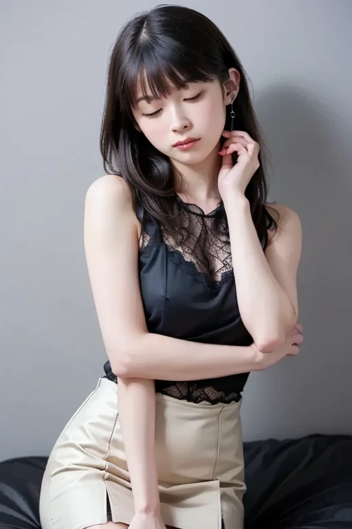 (Raw photo, Best Quality), (Realistic, Photorealsitic:1.3), masutepiece, extremely delicate and beautiful, Extremely detailed, nffsw, Unity, 8K, amazing, finely detail, Ultra-detailed, hight resolution, absurderes, Soft light, (Black hair, Short hair, Curly hair, hair messy, Bangor Tiful Detail Girl, Detailed fingers, extremely detailed eye and face, beautiful detailed nose, Beautiful detailed eyes, (Light on Face), Looking at Viewer, (Closed mouth:1.2), 1girl in, Cute, 年轻, Mature Face, pale skin, (Half body:1.3, sittingium&#39;breastsout), Realistic face, Realistic body, beautiful detailed thigh, (ulzzang -6500-v1.1:0.6), Black shirt,  (Semi-smile:1.3),cowboy  shot