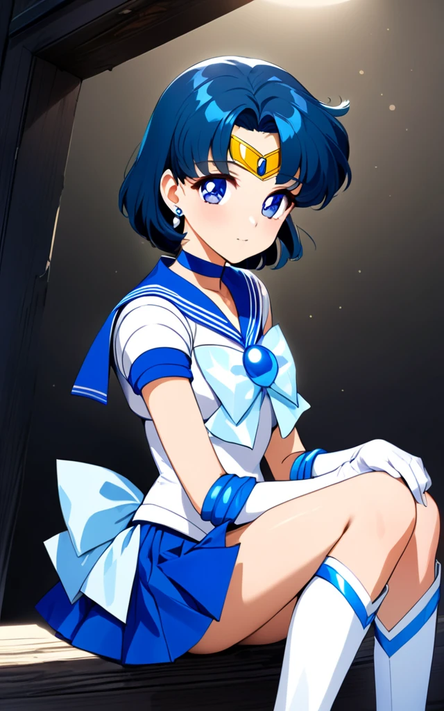 ​masterpiece, top-quality, hight resolution, 8K, Hi-Res, ultra-detailliert, 1girl in, (Anatomically correct), Full limbs, complete fingers, Slender 18 year old beautiful active girl, Brown-eyed, Slender eyes, A dark-haired, extra very short hair, (Black skin:1.2), (Sailor Moon: 1.3), (white  leotard), (Blue sailor color), the bow, (Over-the-knee boots:1.1), a choker, (white glove), Blue choker, (elbowgloves), (a blue skirt), sole、爆乳, Solo, (Curve:1.1), best quality,1woman,nsfw,smile,transparent-negligee,lie on bed