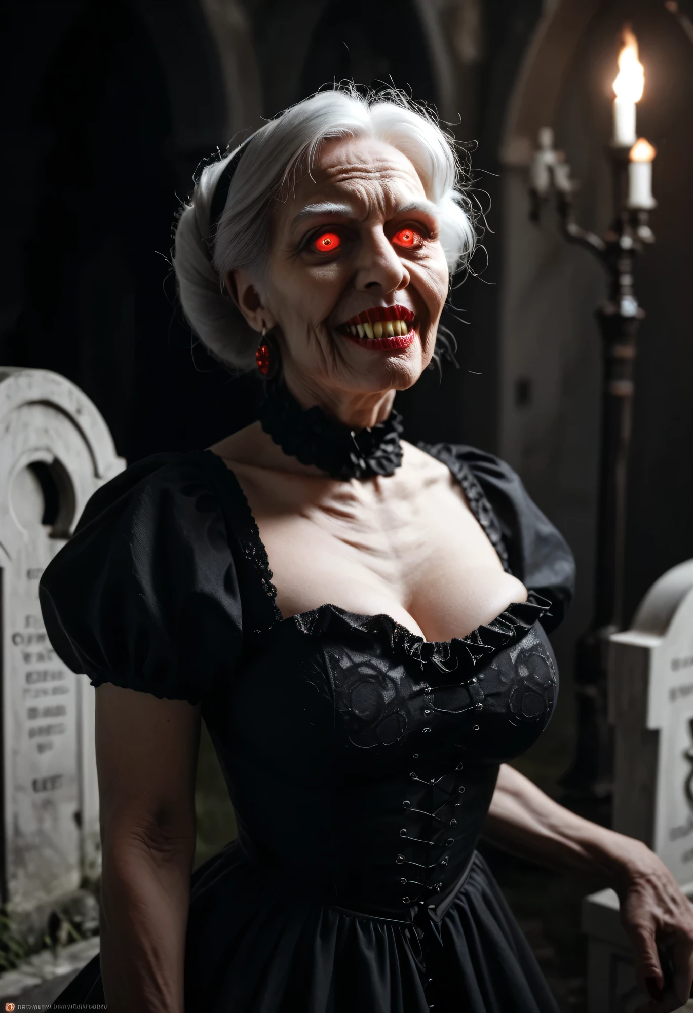 horny vampire granny, GILF, the vampiress rises from her coffin, huge fake breasts, very pale skin, glowing eyes, red eyes, detailed lips, detailed teeth, detailed fangs, beautiful face, lewd gaze, provocative pose, black funeral dress, stockings, nighttime, cemetery, medium length realistic photo, dramatic lighting, highly detailed, insane details, very detailed, epic, dramatic, photo realistic photography, hyper ornate details, particuls, ultra detail, unreal engine 5