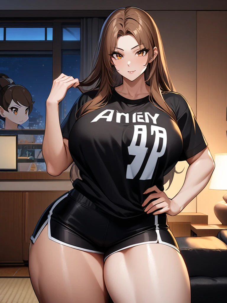 ((Masterpiece)), perfect anatomy, perfect shading, field of depth, (best quality), extremely delicate and beautiful, perfect lighting, detailed face, ultra cute face, cute, (cowboy shot 1.2), full body, (((1girl))), ((solo)), looking at viewer,
short hair, fluffy hair, brown hair, green eyes, ((blush)), affectionate smile, happy, (white T-shirt 1.5), (shorts 1.2), belt, extremely tight clothes, medium breasts, perky breasts, ((wide hips)), ((thick thighs)), (chubby) chubby belly,
street, intricate background, detailed background, hand on hip, waving,