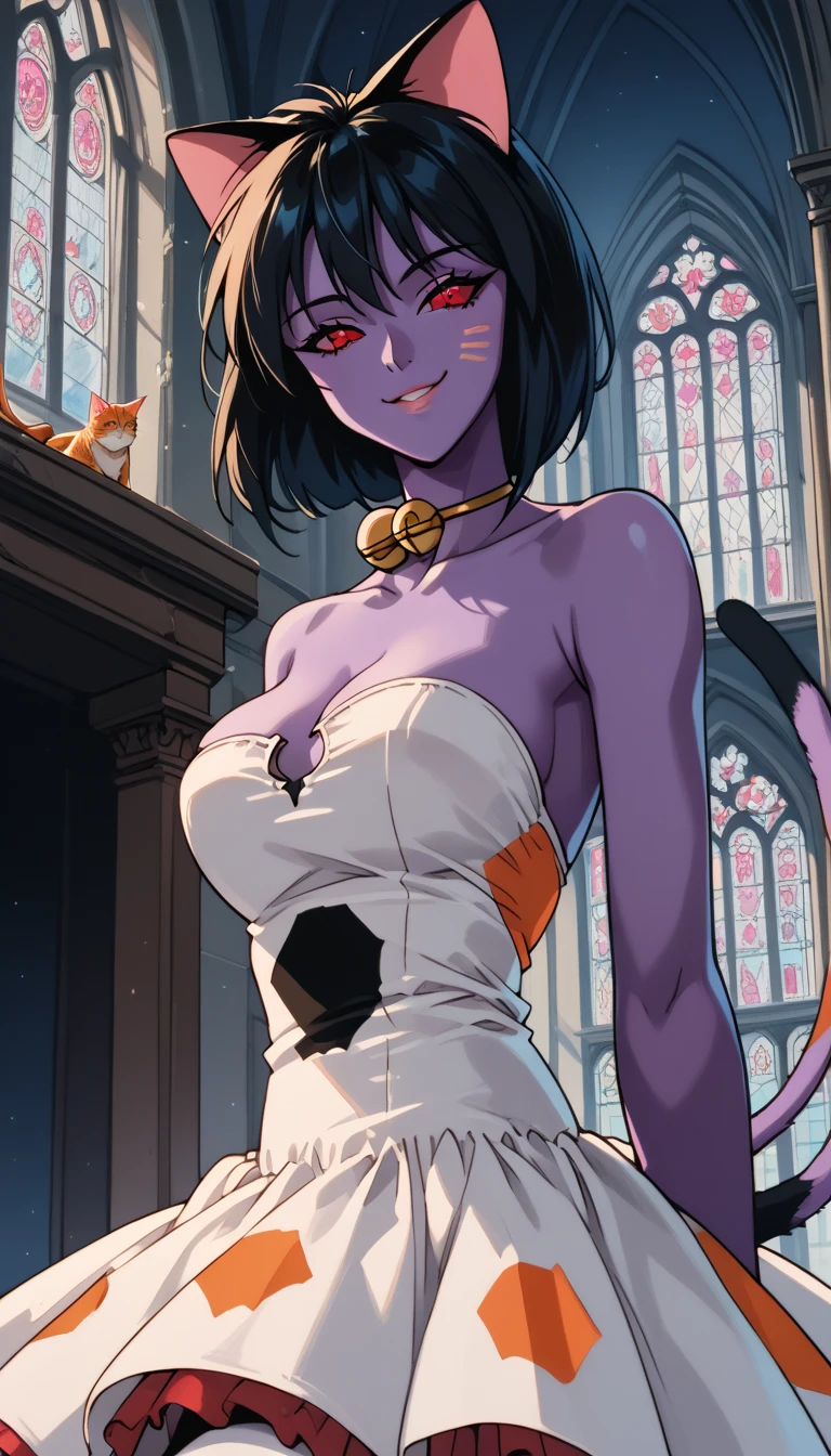 Ghost, (monster Girl), Purple skin, spike, Spiky purple hair, Caught Laughter, Floating Hand, Wearing a deep purple dress, Floating in the air, masterpiece, Highest quality