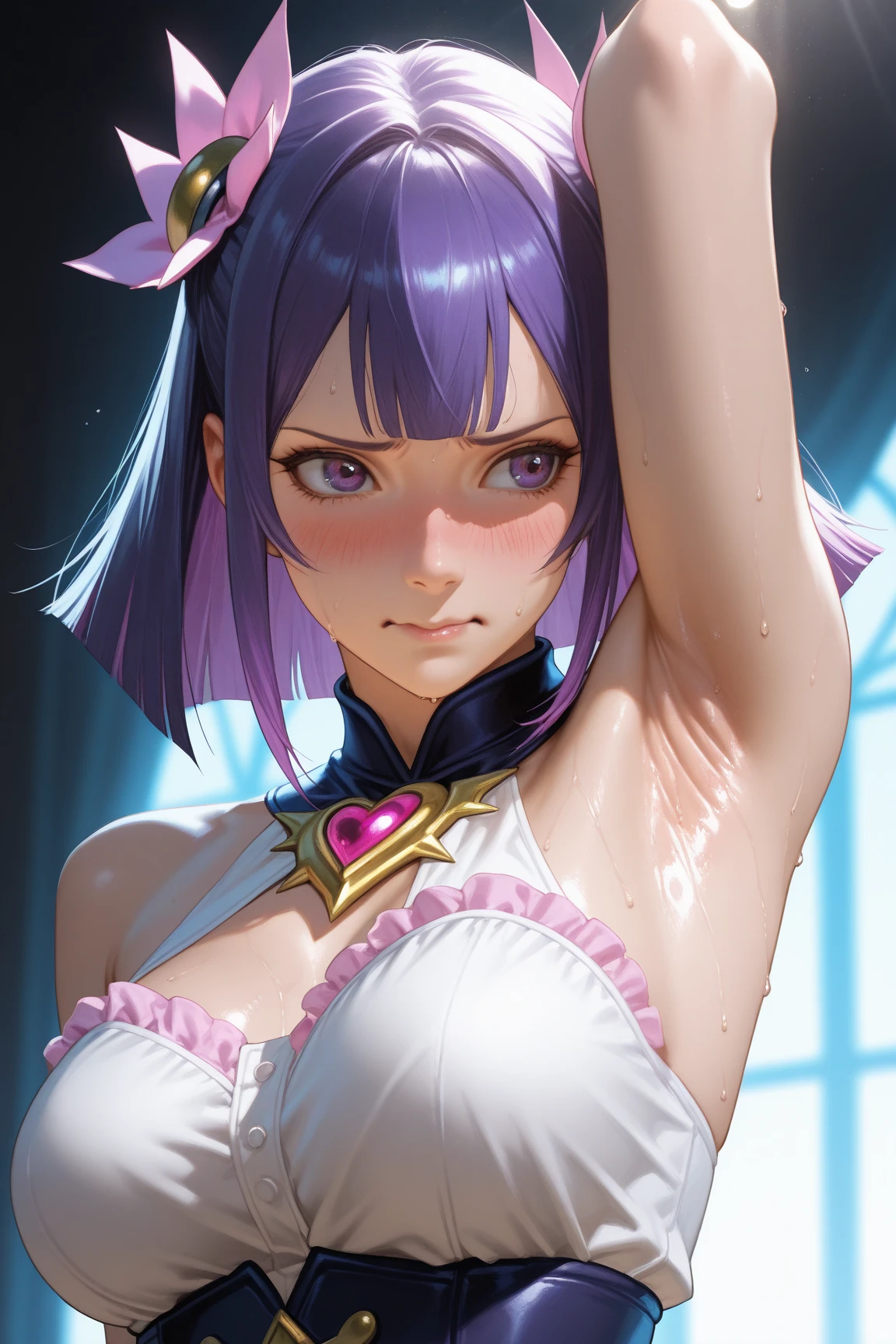 16K, Ultra High Definition, Super detailed, Shiny detailed hair, detailed face, fantasy landscape, solo, looking at viewer, close-up shot, {{best quality}}, {{masterpiece}}, {{ultra-detailed}}, {detailed light}, {{purple snake eyes}}, beautiful lips, black straight hair, long hair, dragon ears, {{purple dragon horns}}, beautiful purple earrings, white kimono with purple details, white futuristic sneakers with purple details, young girl, beautiful, skinny body, white skin, slutty, erotic, suggestive, {{nsfw}}