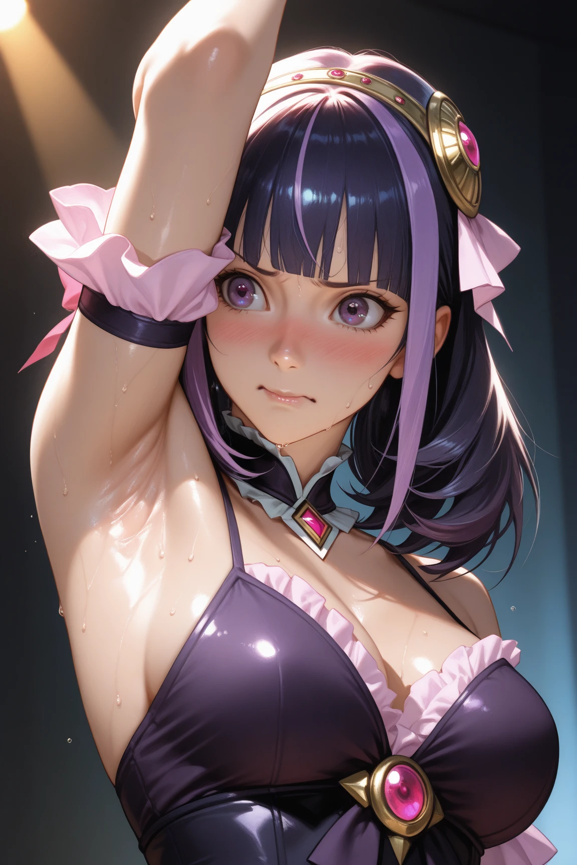 ((masterpiece, 8k, best quality)), ((high detail)), 1girl, ((ultra-detailed)),((delicate face)), Beautiful detailed eyes, gradient hair,hairs between eyes, GSHead,1girl ,solo,purple hair,genshin_impact, black_background,look at the viewer, arms behind back, (((arms bound, shibari, bondage, rope)))