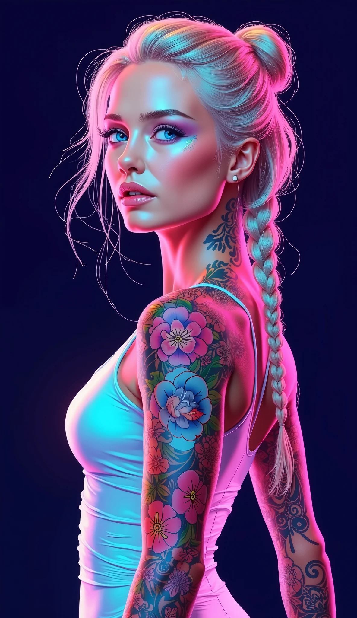 (style of richard deacon), formal wear android,1girl,a beautiful girl in a colourful dress with colourful intricate tattoos surrounded by colourful patterns,(Luminous burning hair:1.2), realistic fantasy, extremely detailed and beautiful , 8 k resolution,
