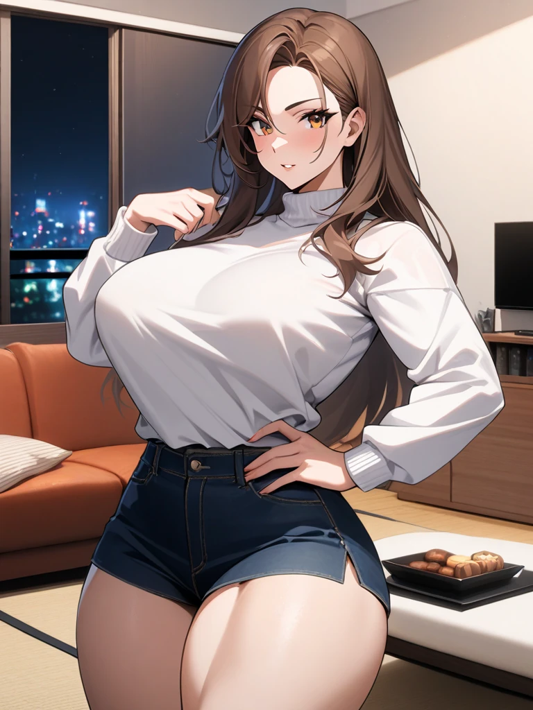 A woman wearing denim hot pants and brown short sleeves，He wears black stockings on his legs，Exposing the abdomen，The figure is good，The head is not exposed，[ 4K realism ]!!, [ 4K realism ]!!!, [ 4K digital art ]!!, Realistic shadow perfect body, realisticlying!!!!!!! art-style, photorealistic anime, by Shitao, Popular topics on cgstation, Casual pose, realistic anime 3D style
