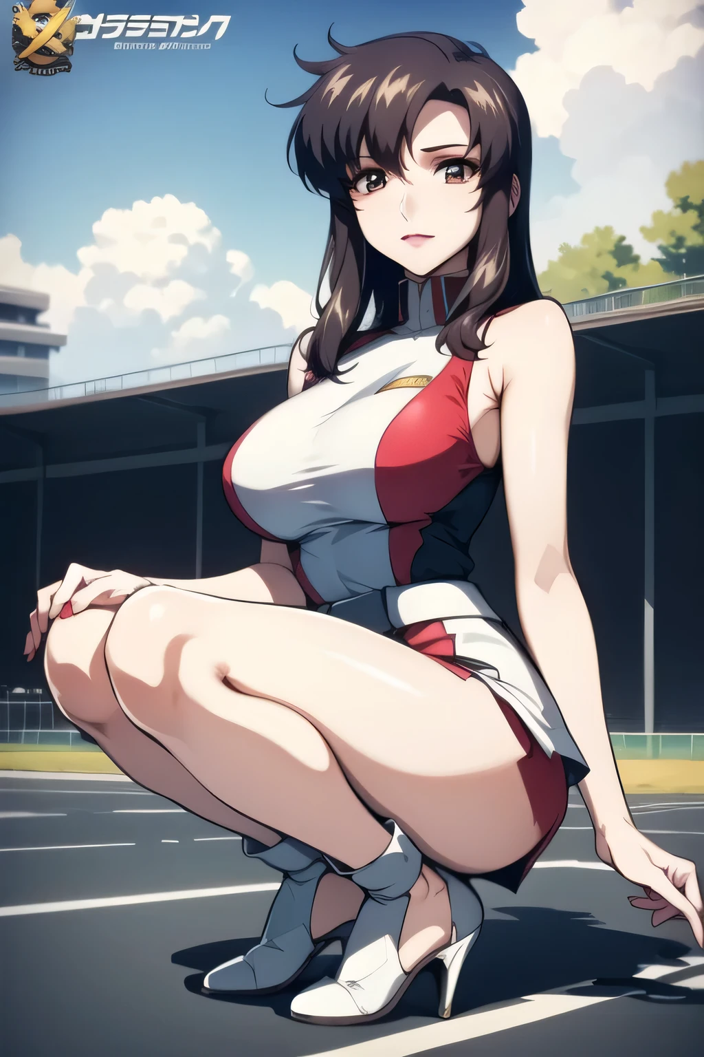 draw a picture like a postcard with the card number engraved on the edge,(trading card)(bromide),(((idol style collection card))), is crouching ,A beautiful, 40-year-old woman with adult appeal,Playing with kittens ,I have a cute cat nearby,Can you draw a race queen on the circuit,I prefer a light blue costume,In front of a racing car,Can you draw a race queen on the circuit {X} I can draw 5 fingers accurately {X} is very important for this job {X} Accurate facial expression is very important at work、Please draw more delicately,standing,(((I can draw 5 fingers accurately、I'm happy that I worked hard enough on myself))),, sleeveless,white bodycon costume,micro mini skirt,blue panties,in the circuit,(Racing flag),(Please draw more delicately),(Race Queen Outfits),( Bare legs)( Big Breasts水濡れで肌が透けて見える ),(high heels)、Face trimming、don't draw because I need it for work , , 40-year-old adult 々々々She is an attractive woman、 , , Big Breasts, thin waist , Can you draw 5 fingers accurately