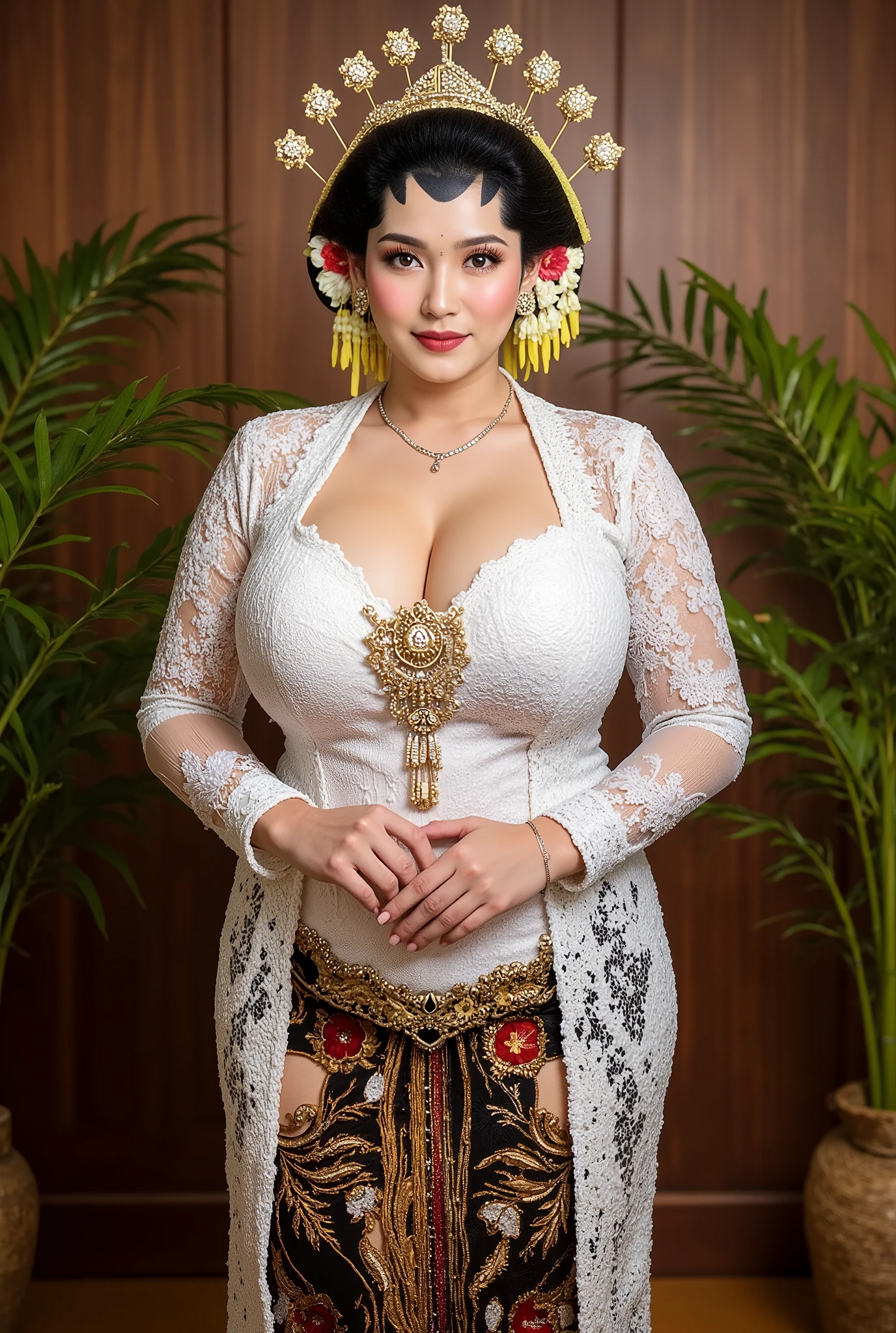 Bbw womwn chubby in kebaya dress, open breast full body