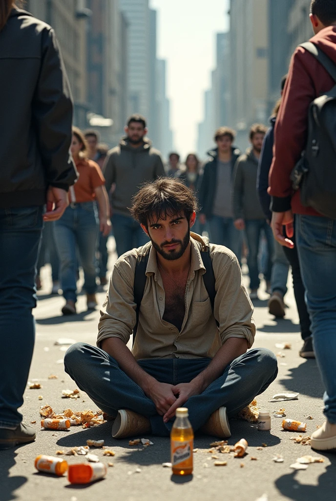 Young Iranian man, age 25, Scrawny, tabby, bearded and very hairy man in dirty, stained, dingy white shorts, sitting on the floor of a bus terminal, with his right hand raised asking a man for money.