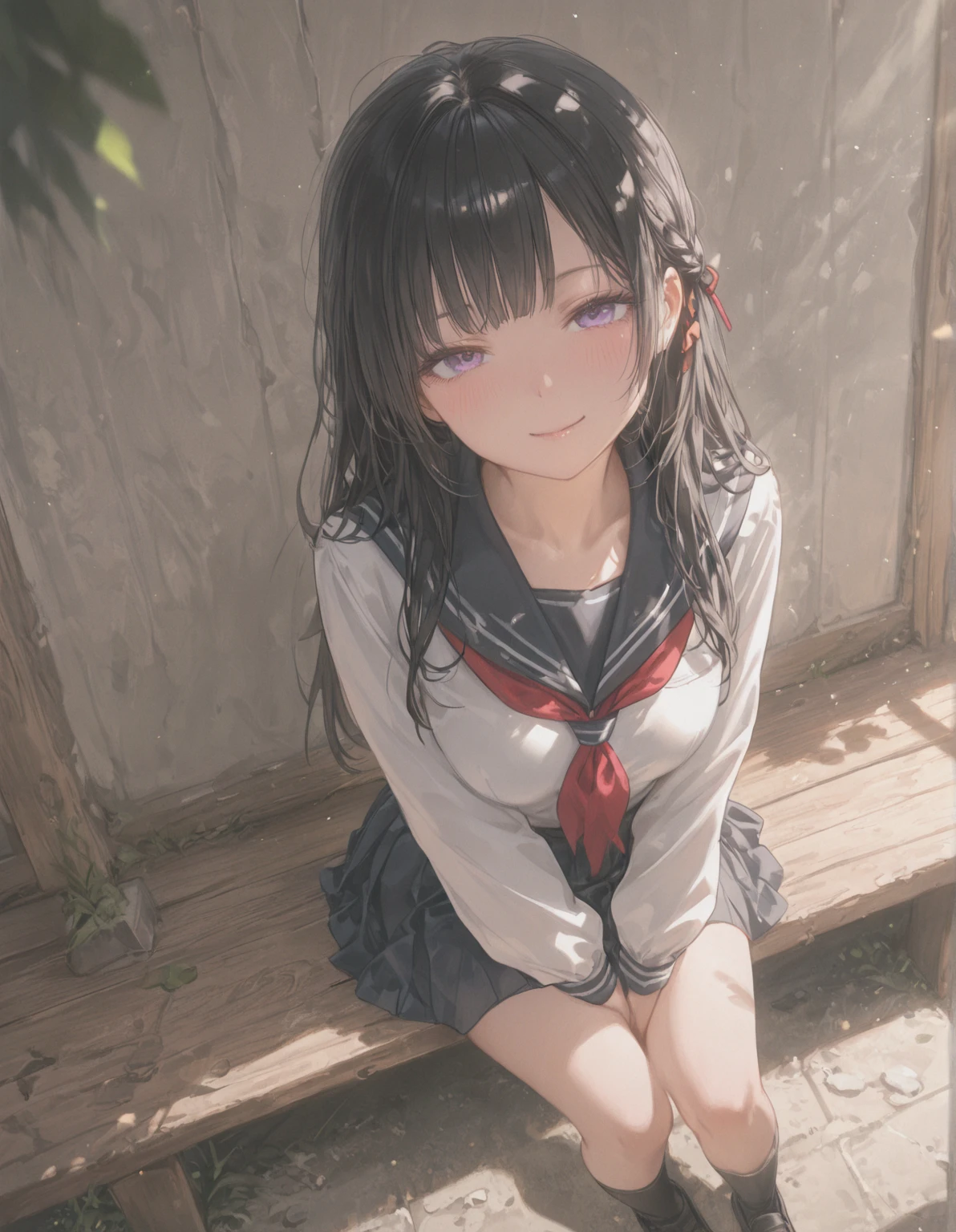 (Best quality, 8k, 32k, Masterpiece, UHD,:1.2),RAW, 1girl,ultra cute , natural lighting,transparent shining eyes, 20yo ,fair complexion, ((school uniform)), sitting on stairs, Closeup shot, wedgie, bending knees, show off panties, From front and Below, shy smiling, medium straight hair, in winter, falling snow