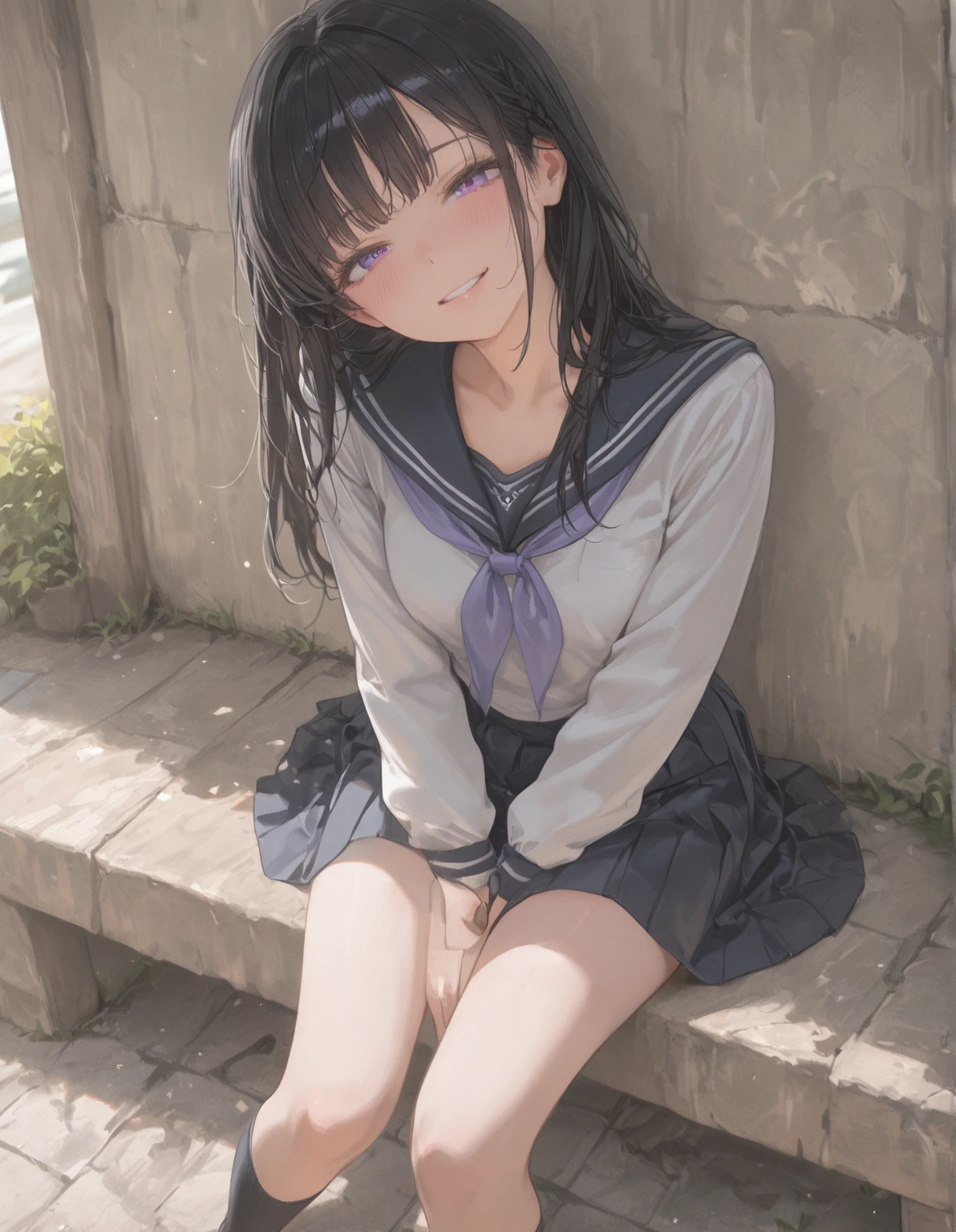 (msfw:1.4), (Realistic, photo Realistic:1.2), ((Highest quality)), Shift the center of gravity backwards, Quite embarrassing, White panties, (Showing panties:1.4),Tight Skirt, (Panty shot:1.3), (Roll up your skirt:1.3), (Squat:1.4), (Spreading pussy:1.2), Place your heels on the ground, Please spread your legs a little, Squat with your knees up, Attach your butt to the ground, Black Penny Loafers, Beautiful facial details, Real human skin, Gentle expression, Front view, angle From below, Realistic, photoRealistic, cute, Short skirt, Squat deep on school grounds, cute school girl, Semi-long hair,Black Hair, Braided hair, Japanese school girl uniform, Sailor suit, whole body, smile, 自然なsmile, cutesmile, 魅惑的なsmile, (Looking at the audience:1.2), from before, From below,