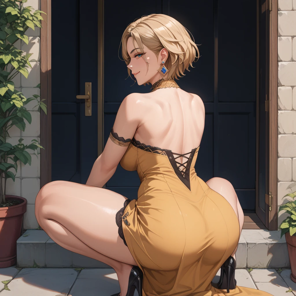 cartoon, best quality, professional artwork, masterpiece, 1girl, short blonde hair, green eyes, heavy make up, detailed face, plump lips, skinny, medium sized breast, tattoos on shoulders, narrow waist, beautiful ass, long legs, wearing a tank top, bottomless, nsfw, seductive leaning forward, kneeling on the floor, view from side, looking at viewer, anxious, scared expression, cinematic light, indoor, in a shady pub