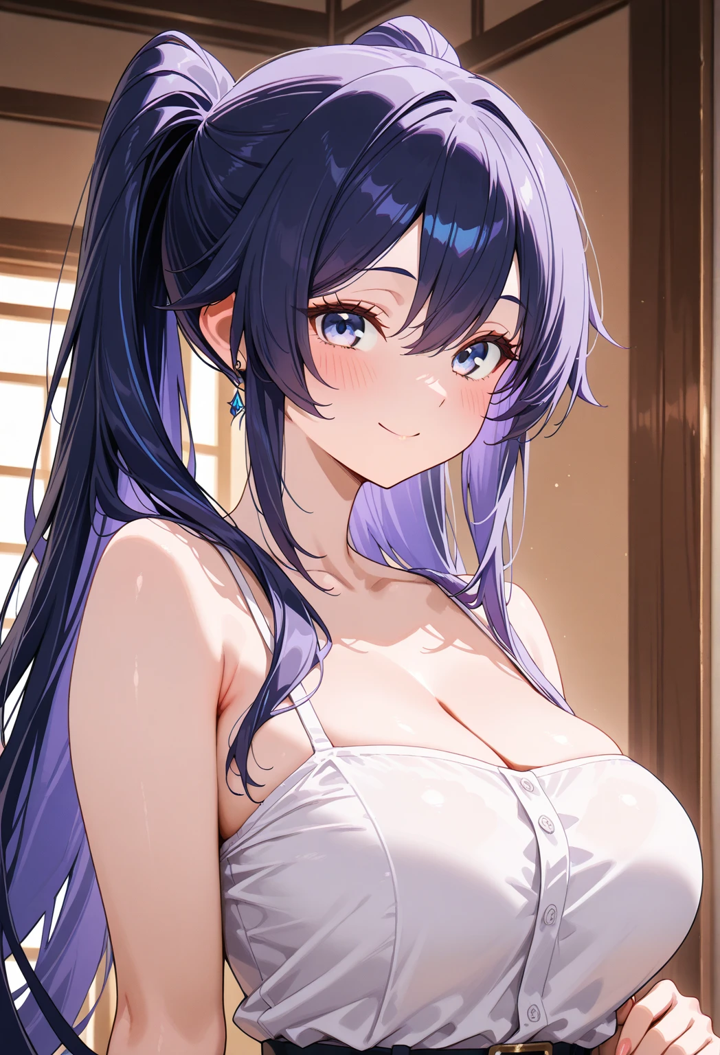 (best quality,4k,highres),long black hair,powder blue pupils,purple pendant,white dress,large breasts,beautiful girl looking at viewer,happy,sexy,alluring,portraits,vivid colors,soft lighting