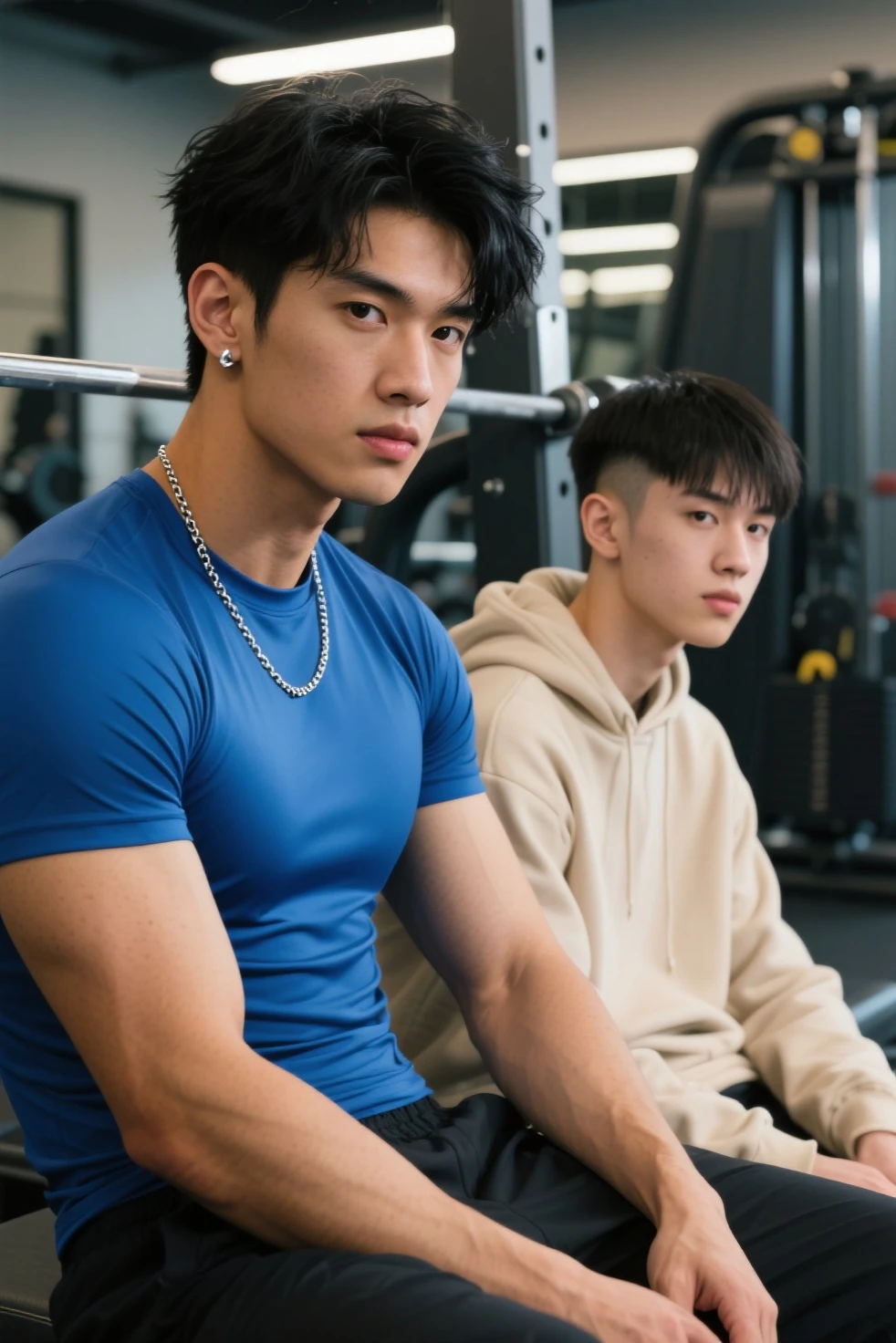 a beautiful 25 year old gamer boy (Deivid Burch:0.5), (((skin texture:1))), ((natural skin)), (black hair), (pale skin), strong body, (high detail low cut white tank top with logo), (shorts jeans), sitting at PlayStation, gaming, headset, widescreen, (masterpiece) (perfect proportion)(realistic photo)(best quality) (detailed) shot on a Canon EOS R5, 50mm lens, F/2.8, HDR, (8k) (wallpaper) (cinematic lighting) (gamer lighting) (sharp focus) (intricate), RAW photo, posing for camera, 8k uhd, dslr, high quality, film grain, shot by Arny Freytag