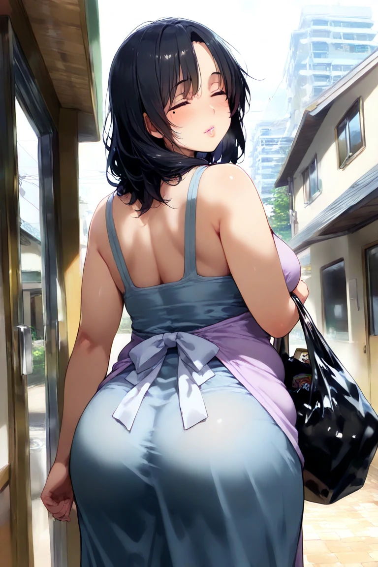 1woman,solo,milf,mature female,thick,medium long hair,black hair,asymmetrical bangs,black eyes,plump,large breasts,bra,saree, transparent_umbrella,back,from_behind,from_above,street,