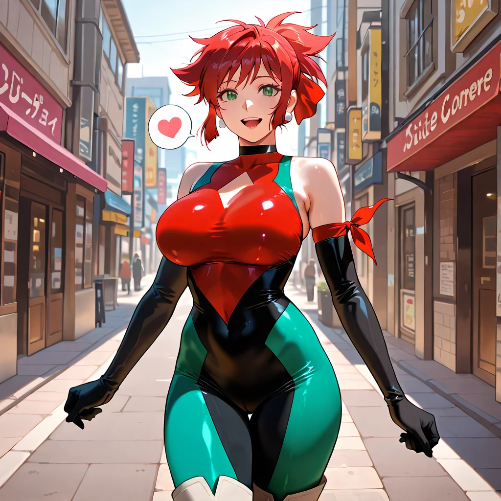 A mature woman，Height 50 meters，Short red hair is a housewife，Wear red tights，This is a superhero。perfect bodies,Beautiful face，Optimal body proportions，mediuml breasts，Between high-rise buildings，Look up，The body structure is correct，Anatomical correct，Correct anatomy, highly detailed giantess shot,（slender figures）