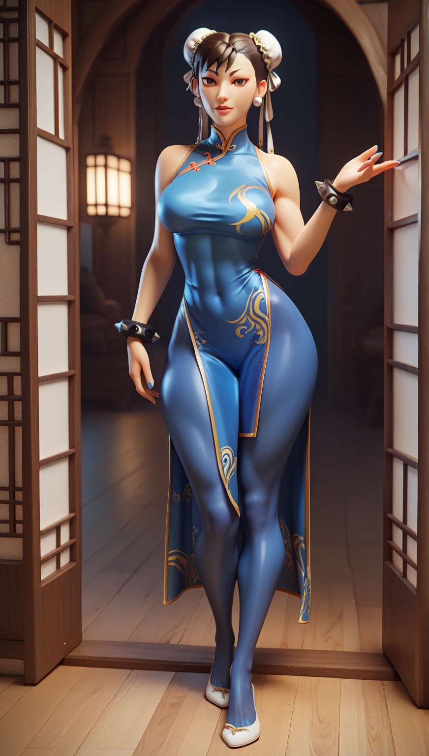 (masterpiece, best quality:1.4), (standing:1.5), 1girl, solo, sfa chun, blue vest, unitard, blue pants, skintight, yellow ribbon, short hair, sneakers, bare shoulders, (european youth woman:1), looking at viewer, beautifull smile, beautiful face, highly detailed face, highly detailed eyes, subsurface scattering, realistic pupils, full face blush, full lips, detailed background, depth of field, volumetric lighting, sharp focus, absurdres, realistic proportions, (realistic, hyperrealistic:1.4), 16k hdr