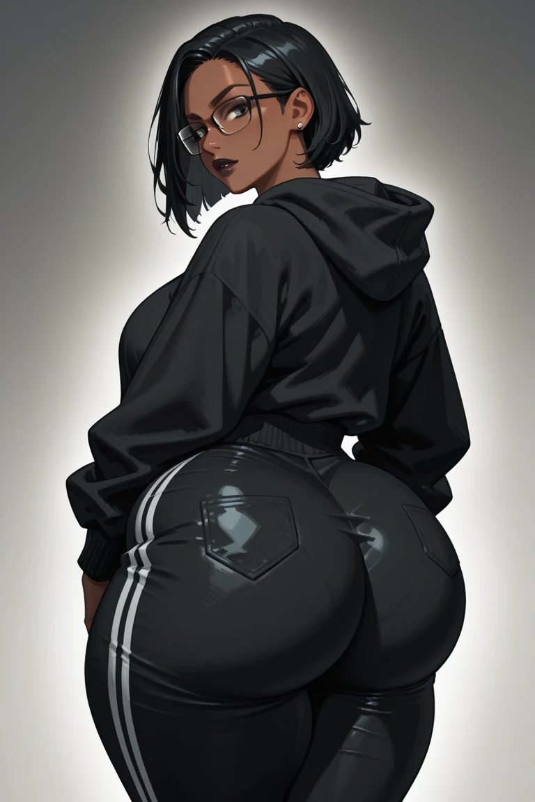 goth women ,  , black hair ,black skinnymini shorts , short hair , transparent , revealing , seductive , athelte , freckles , Hoop earrings , black lips , goth makeup ,brown skin , high ponny tail , leggings