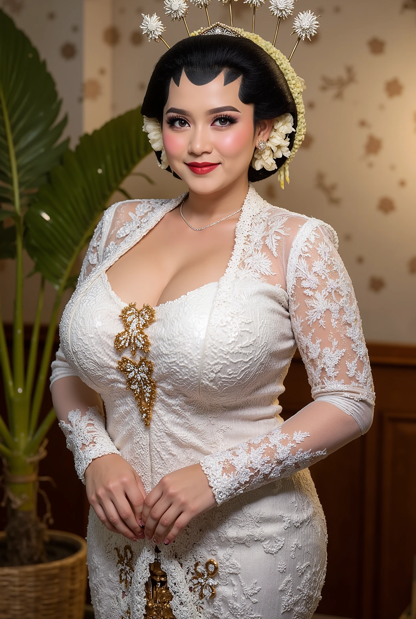 Bbw womwn chubby in kebaya dress, open breast full body
