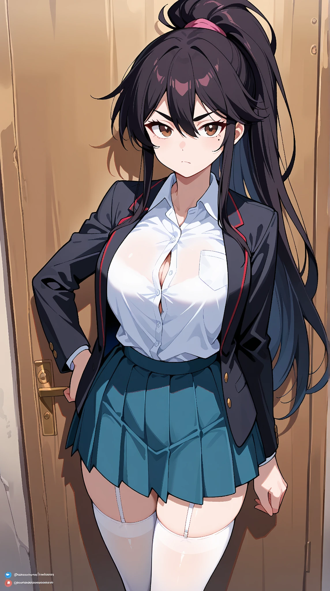 echidna, brown eyes, medium breasts, evil smile, blush, lipstick, masterpiece, best quality, ((unbuttoned , cleavage, necklace, earrings, sexy body,
breasts)) , micro skirt, smiling, navel , exposed belly, exposed navel,school, knot,
classroom , holding a gun, hold a gun