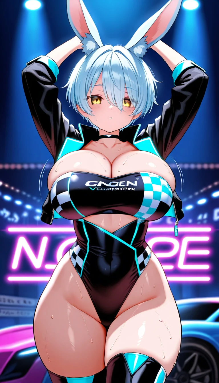 1girl, light skin, breasts, large breasts, wide hips, thick thighs, white hair, very short hair, cap, hat, smile, bikini, blue eyes, smile, smirk, smug, futuristic, science-fiction, tech, neon, neon trim, white bikini, highleg bikini, highleg, machinery