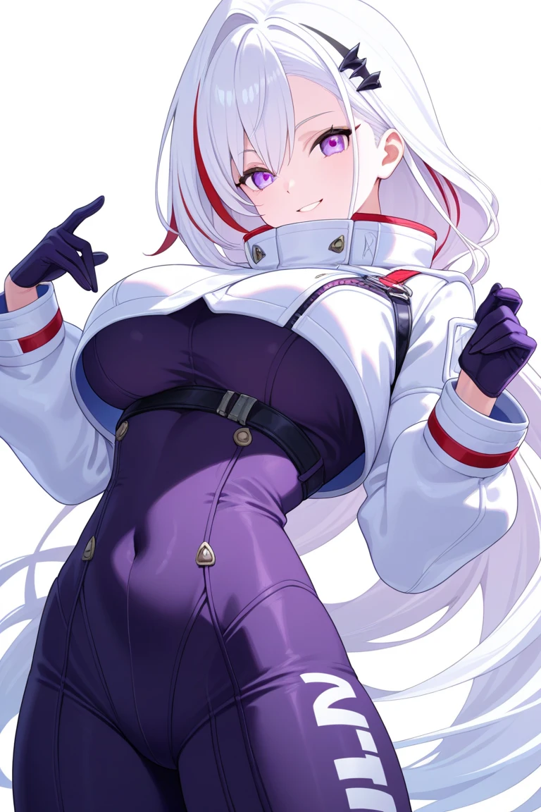 score_9,score_8_up,score_7_up BREAK 1girl,jelopkdef,solo,indoors,standing,grey hair,hair over one eye,bear hair ornament,red eyes,grey scarf,black necktie,bodystocking,cropped jacket,white jacket,short dress,white dress,black gloves,thighhighs,looking at viewer,seductive smile,<lora:PK-JeloXL-000009:1>,