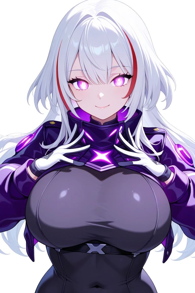 Light green and violet outfit　Odd Eye　White Hair　Futuristic suit　heart hole in chest　Large Breasts　Thick thighs　