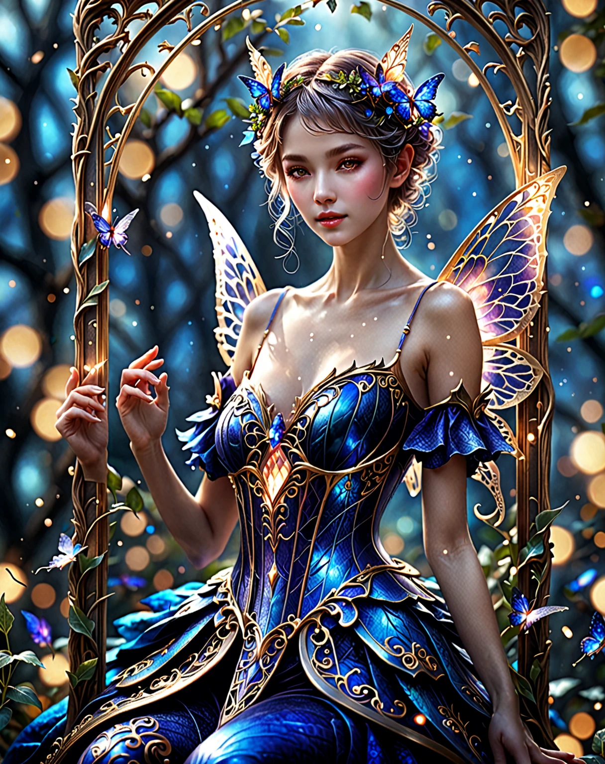 A hyper-detailed, ultra-realistic, full-body magazine photo shoot of a supermodel, Enchanted Garden: An extravagant session with a model in ethereal dresses, surrounded by blooming flowers, butterflies and twinkling fairy lights --air 2:3, best quality, 4k printing, ultra-realistic, realistic, perfect