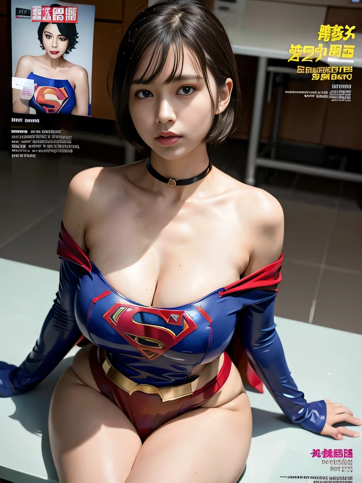 masterpiece、Rubber Supergirl Costume、Short Hair、Hospital operating table、Crisis situation、Big and ample breasts、looking at the camera、Shiny、Off the shoulder、choker、Long sleeve、exy poses to seduce、Sweaty skin、Model body type、Alluring、charm、Enchanting、Abused、test subject、victim、Wild、Photorealistic、latex、Expose your belly、athlete、High leg leotard、Photo magazine cover、Cape、gorgeous cleavage、wallpaper for pc、