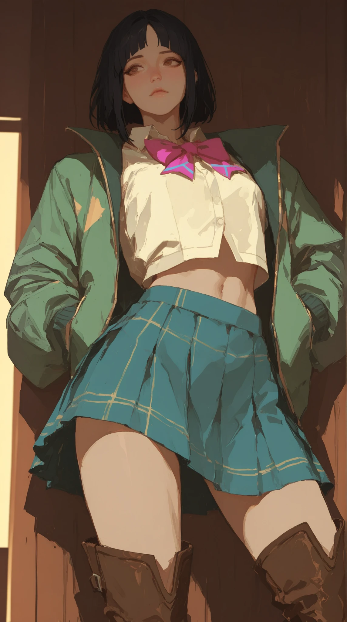 Best Quality, masutepiece, hight resolution, Solo, {Yasuhara_mommy_shirobako:1.15}, Black_hair, Low_Twin-tailed, Twin-tailed, long_hair, Green_Eyes, Bangs, 1girl in, School_uniform, Anime_Coloring, neck tie, Shirt, (Skirt lift:1.5), (White panties:1.5)、(Skirt that rolls up:1.3)、(Fully exposed panties:1.5)、
